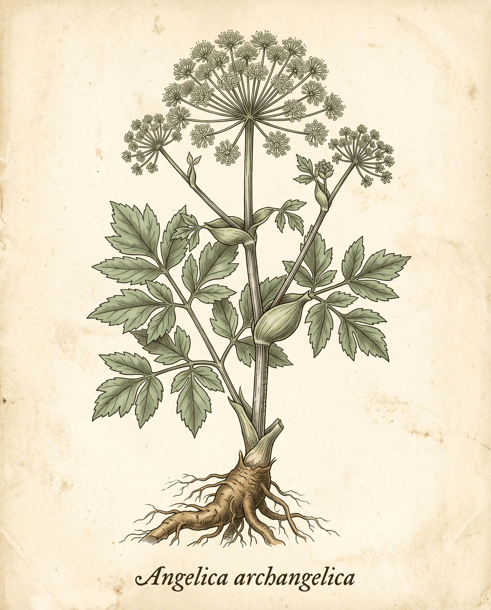 Botanical illustration of Angelica archangelica showing the whole plant with hollow purple-tinged stem, deeply divided leaves, and the great greenish-white umbel of flowers