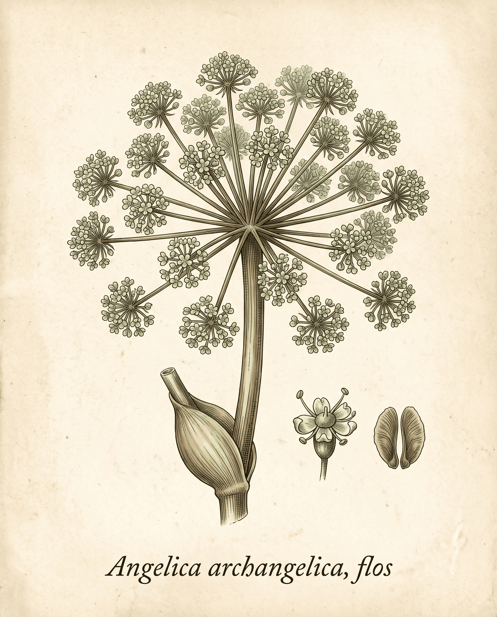 Botanical illustration of Angelica archangelica flower umbel in bloom, greenish-white domed cluster