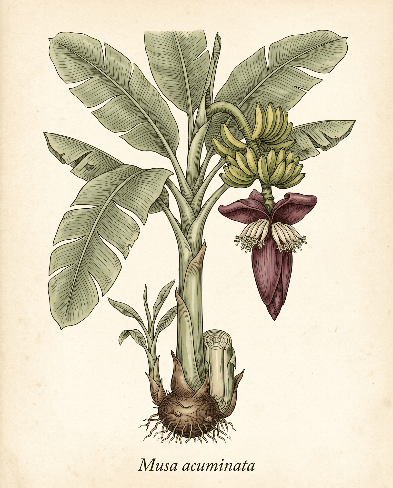 Botanical illustration of the banana plant (Musa) showing the corm, pseudostem, broad leaves, flower heart, and hand of fruit