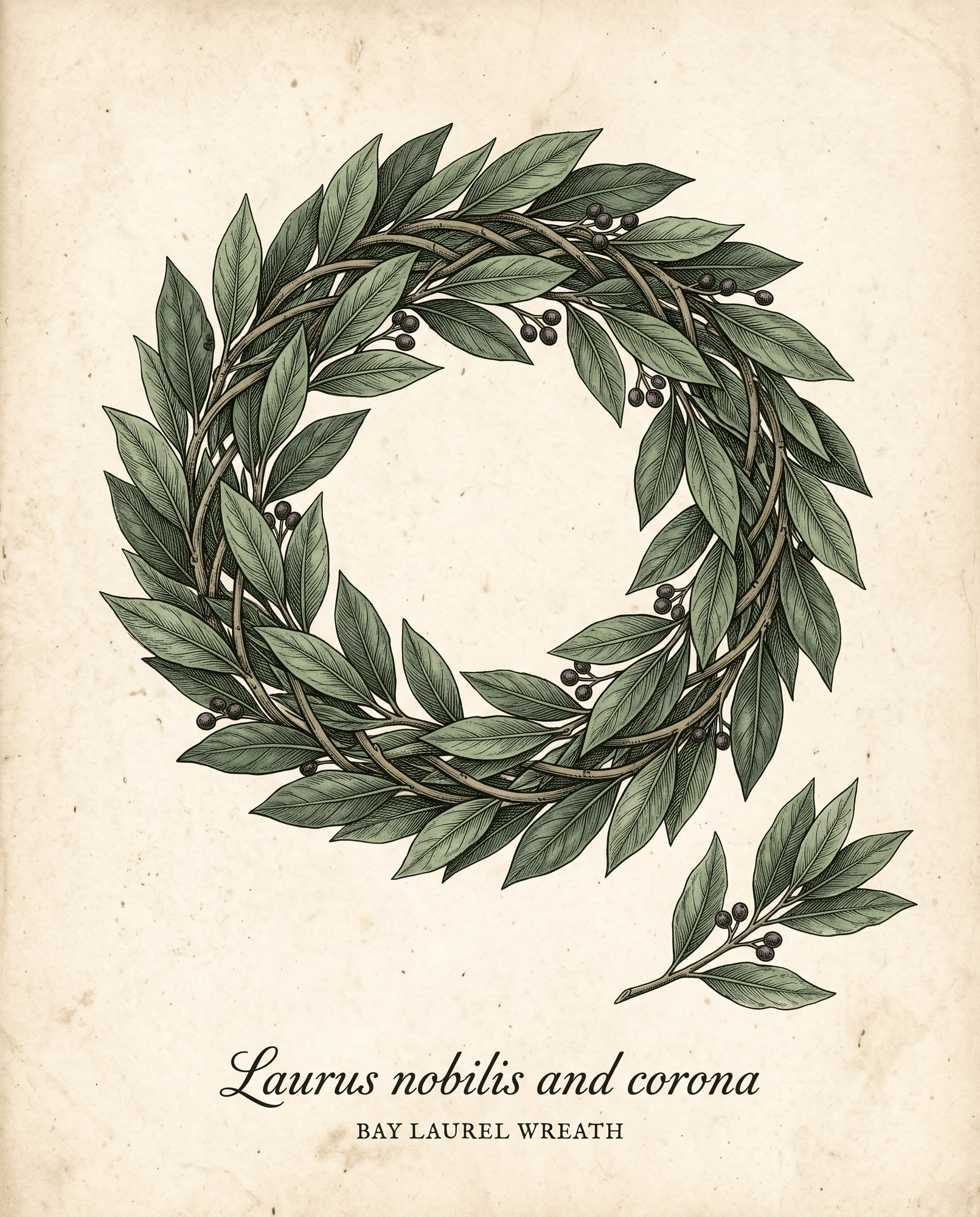 Botanical illustration of a woven laurel wreath with a loose bay sprig
