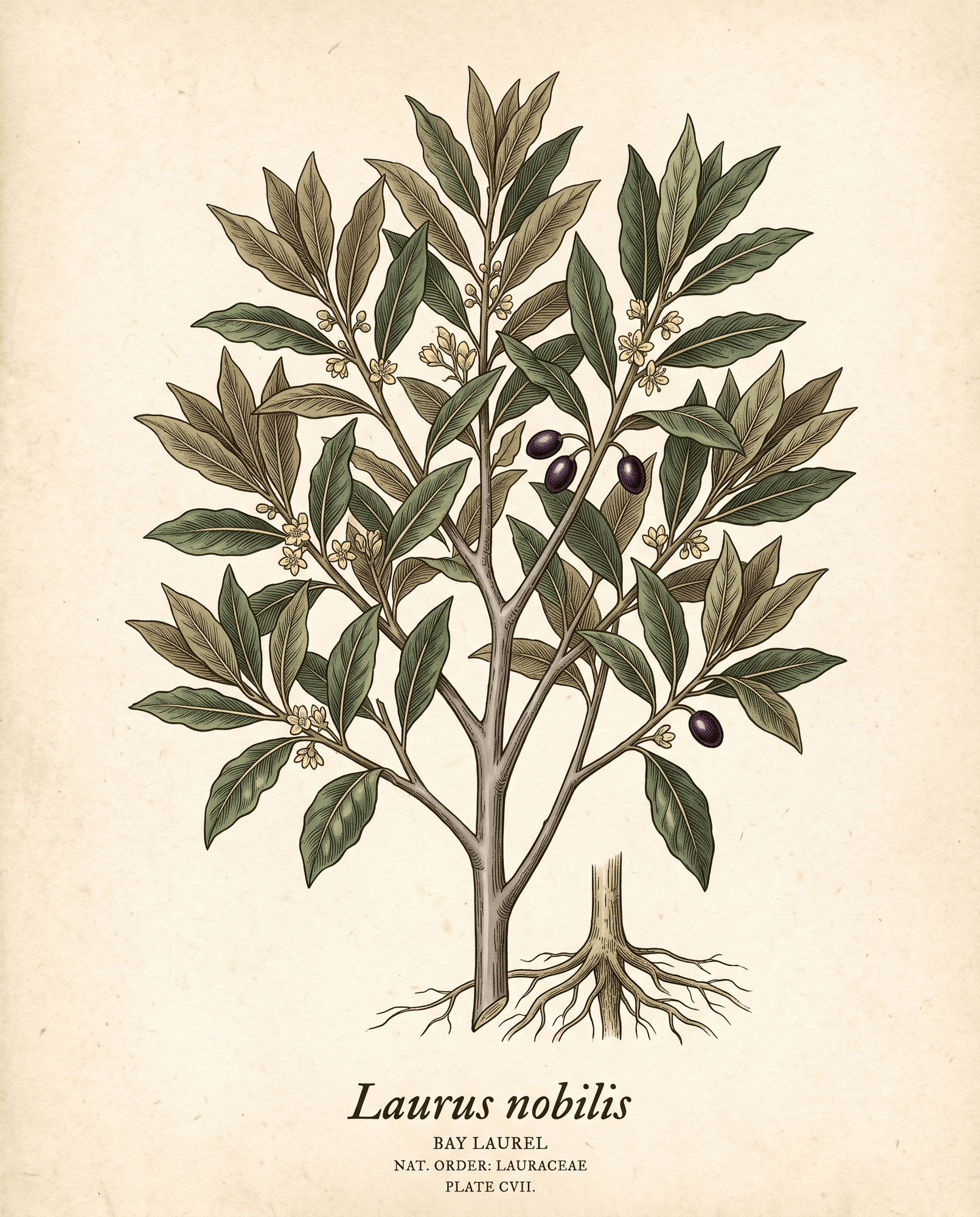 Botanical illustration of bay laurel (Laurus nobilis) showing the whole plant with leaves, flowers, and berries