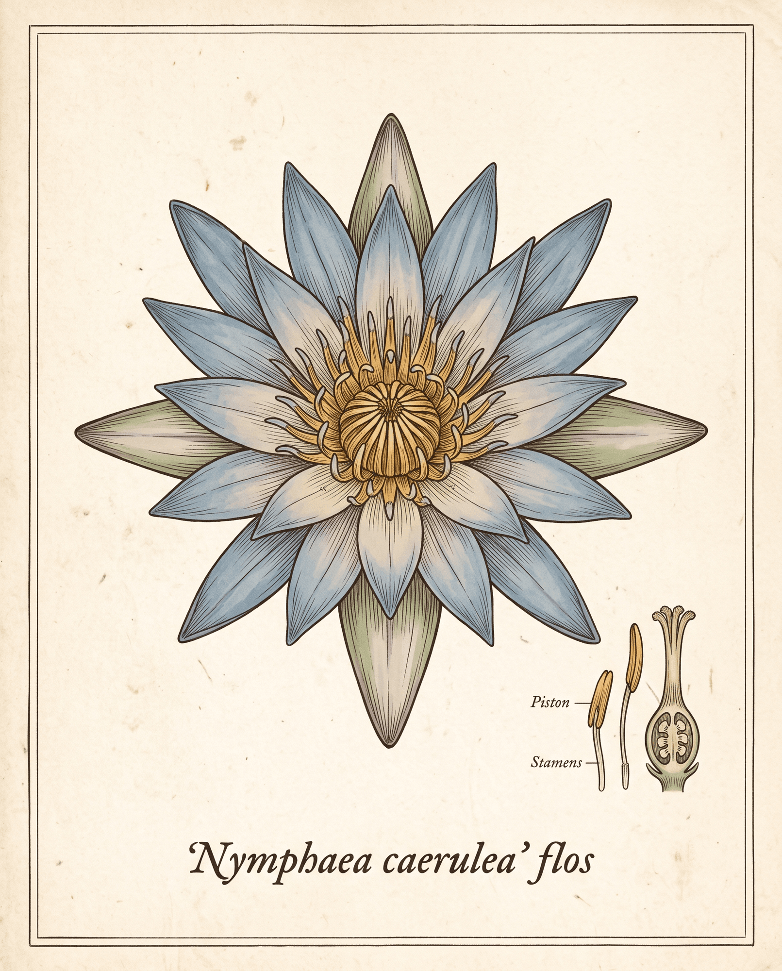 Botanical illustration of a single open blue lotus flower with dissected stamens and pistil
