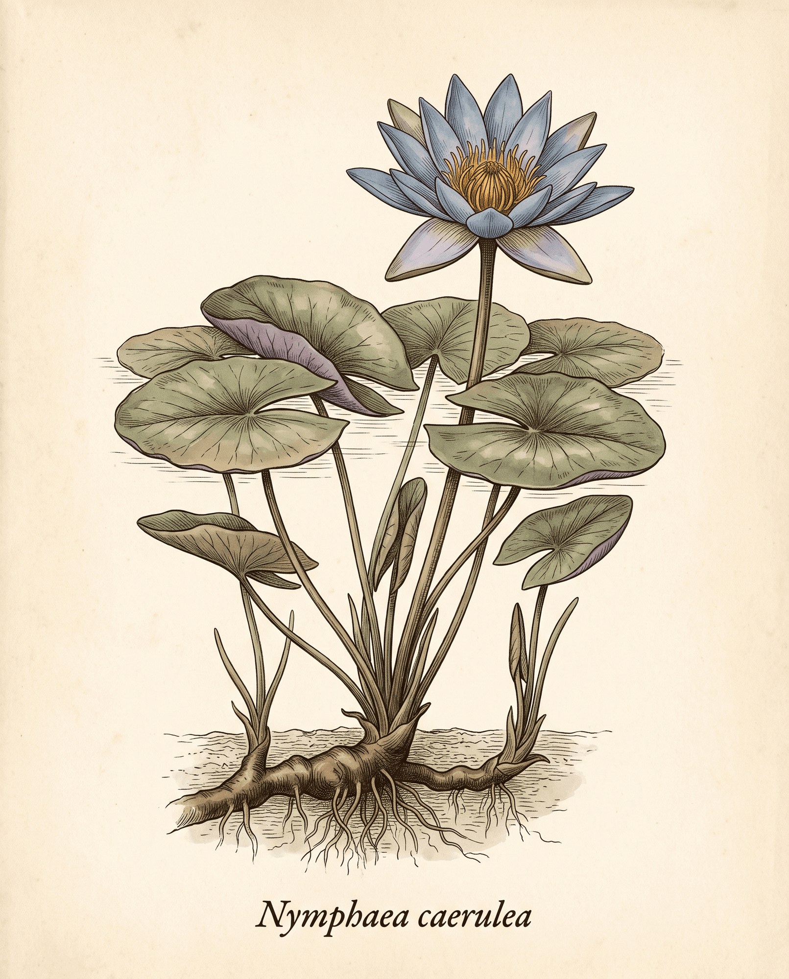 Botanical illustration of blue lotus (Nymphaea nouchali var. caerulea) showing the whole plant with rhizome, floating leaves, stalks, and open flower