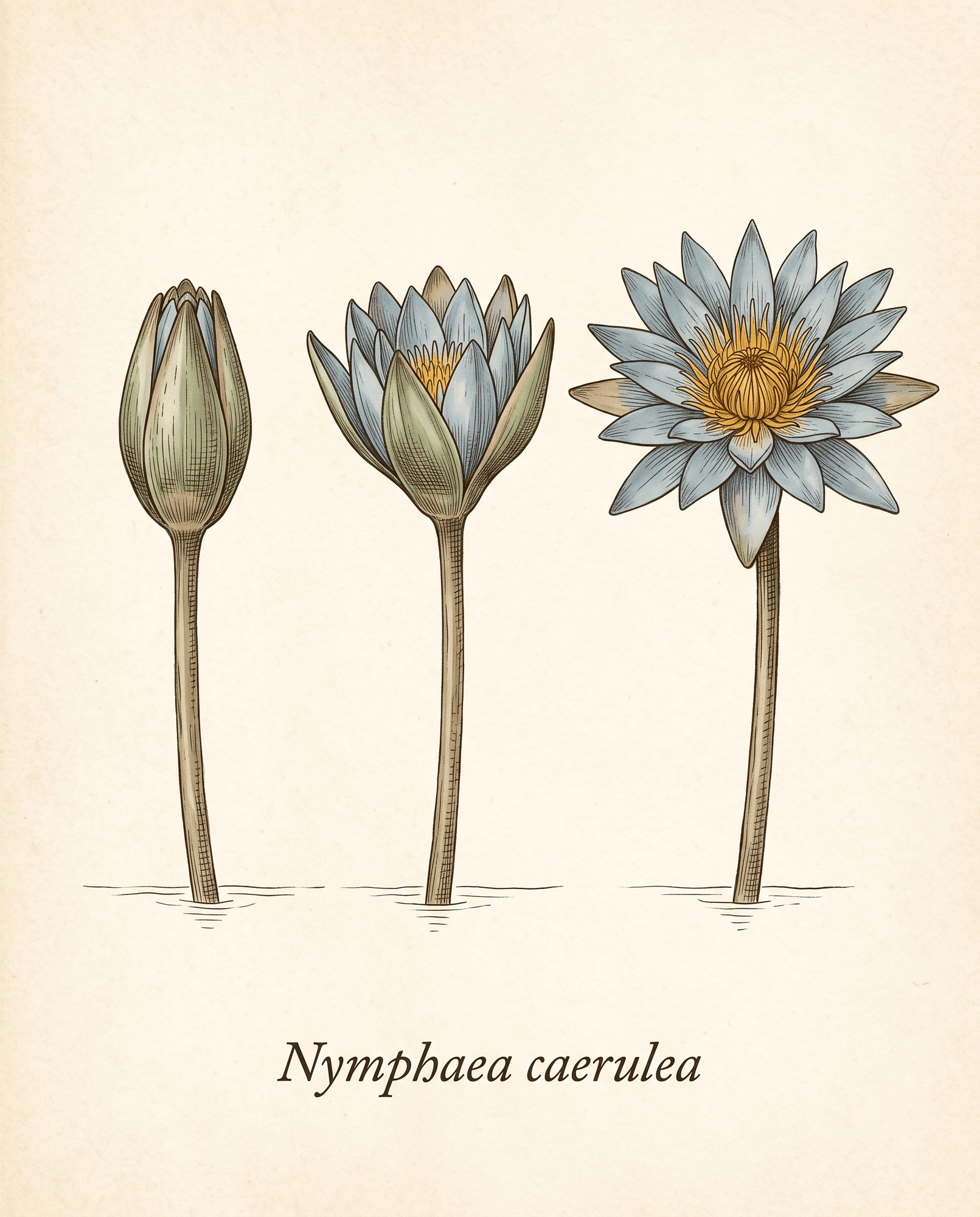 Botanical illustration of blue lotus in three stages of opening at dawn, from closed bud to full bloom