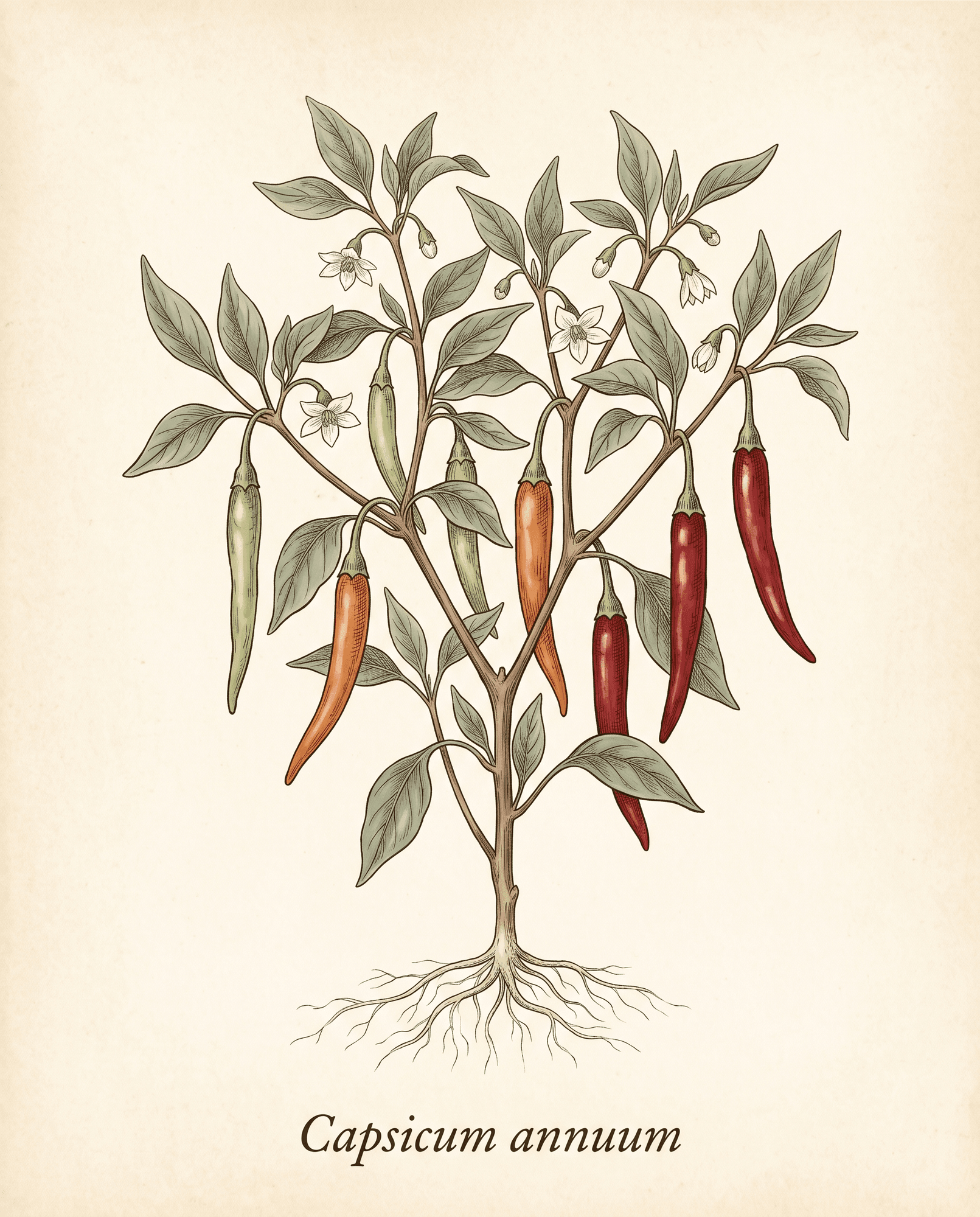 Botanical illustration of cayenne (Capsicum annuum) showing the whole plant with root, leaves, white flowers, and long red fruits