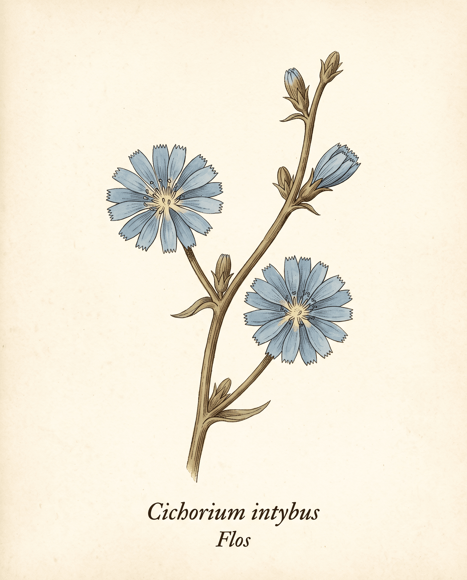 Botanical illustration of chicory flowers open at first light along a bare roadside stem