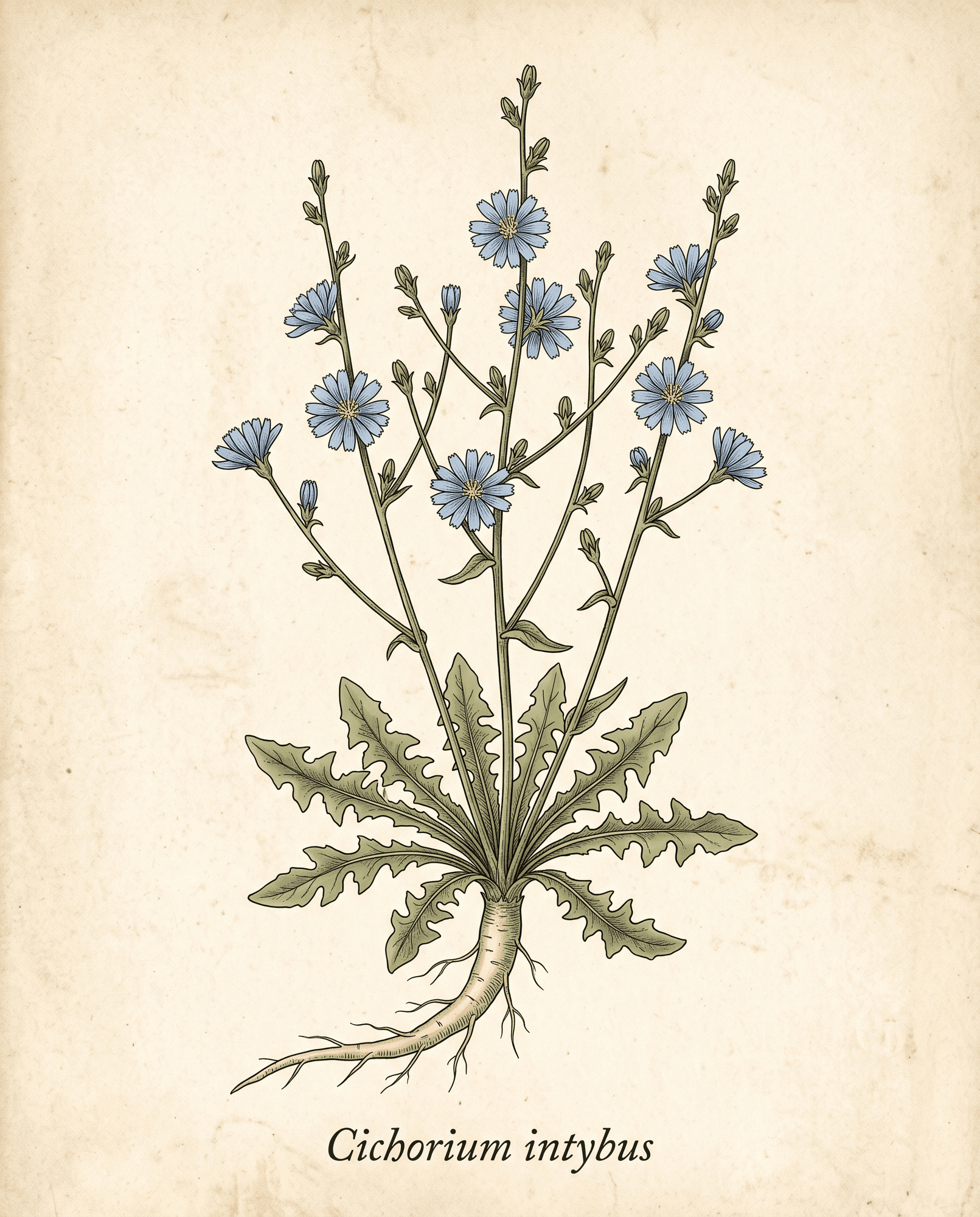Botanical illustration of chicory (Cichorium intybus) showing the whole plant with taproot, basal rosette, stiff branching stems, and sky-blue flowers