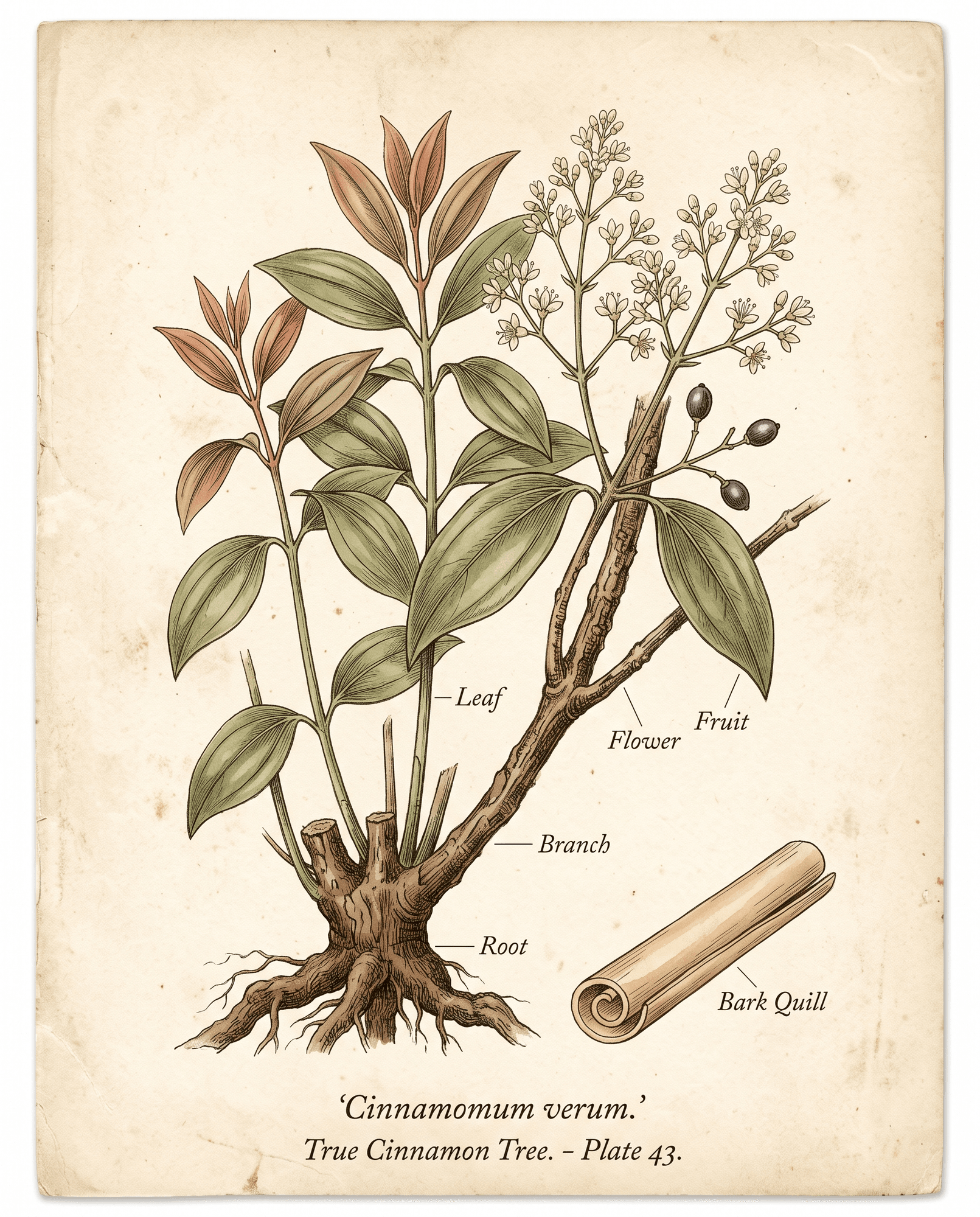 Botanical illustration of the cinnamon tree (Cinnamomum verum) showing the whole plant with root, coppiced shoots, glossy three-veined leaves, cream flower panicles, and purple drupes