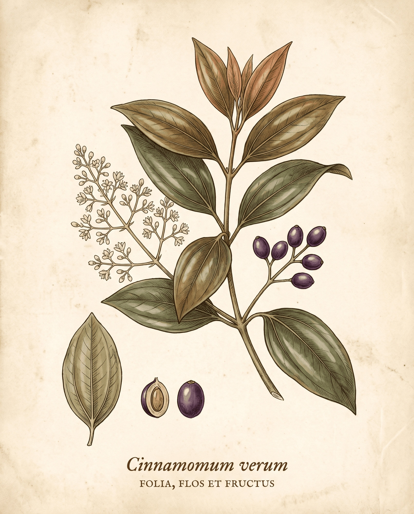 Botanical illustration of cinnamon leaves with three parallel veins, a panicle of small cream flowers, and a ripe purple drupe