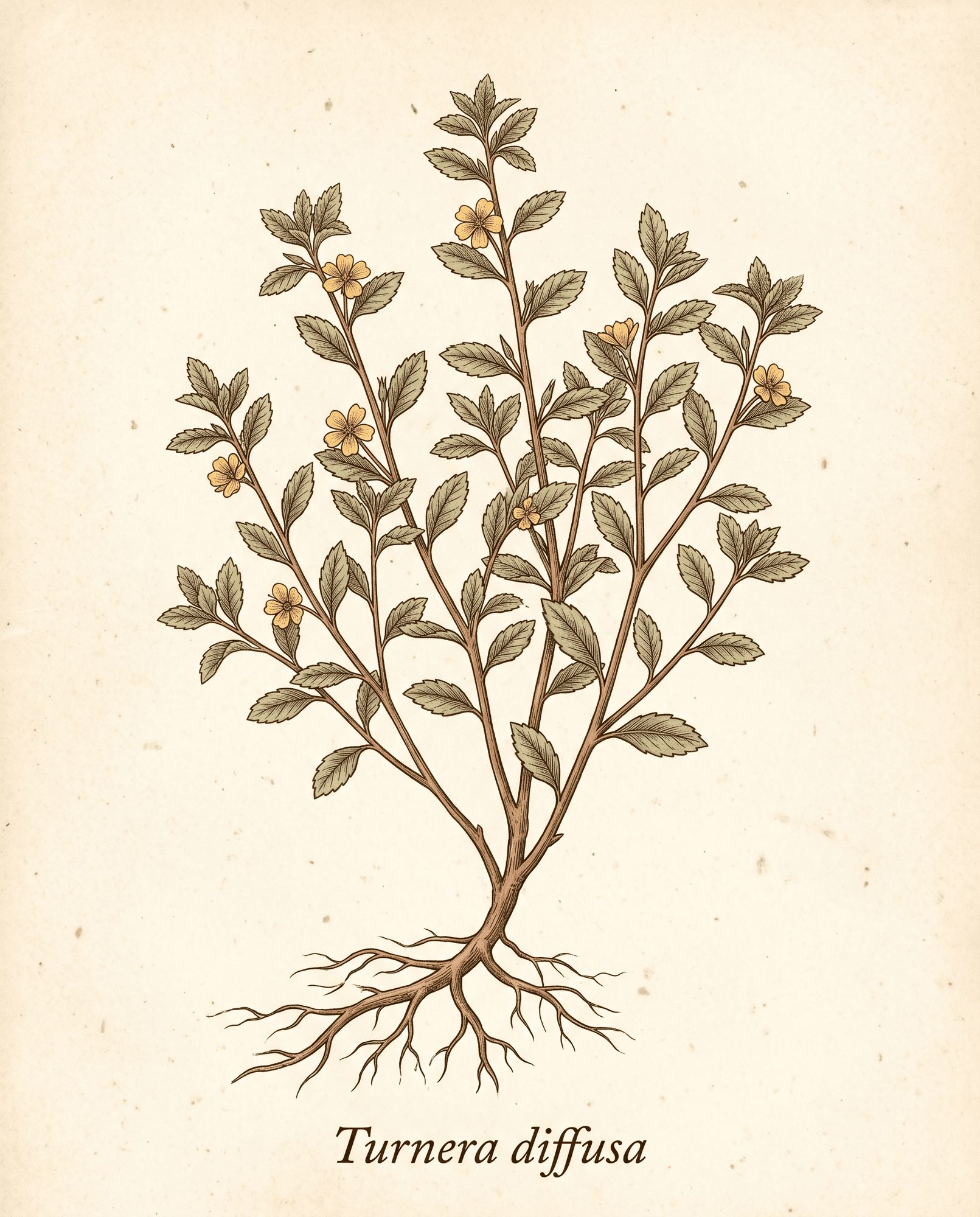 Botanical illustration of damiana (Turnera diffusa) showing the whole plant with woody root, serrated aromatic leaves, and small yellow flowers
