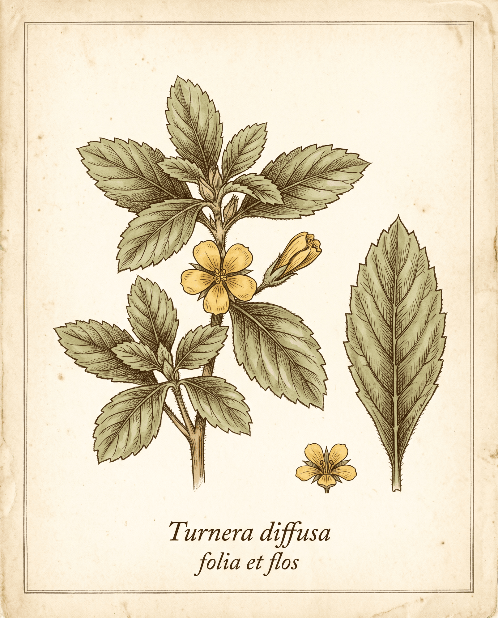 Botanical illustration of damiana leaves and a small five-petaled yellow flower