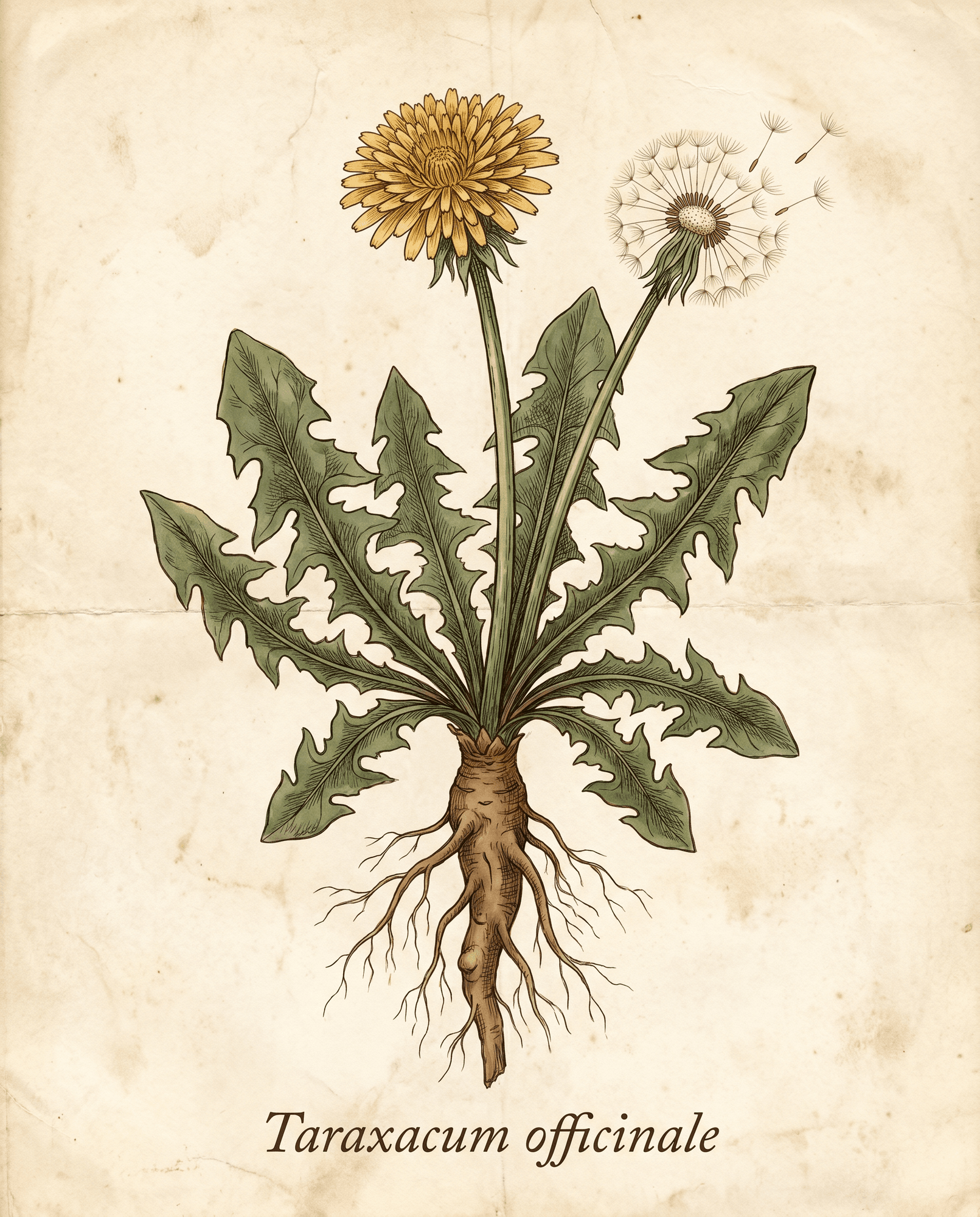 Botanical illustration of dandelion (Taraxacum officinale) showing the whole plant with root, leaves, flower, and seedhead
