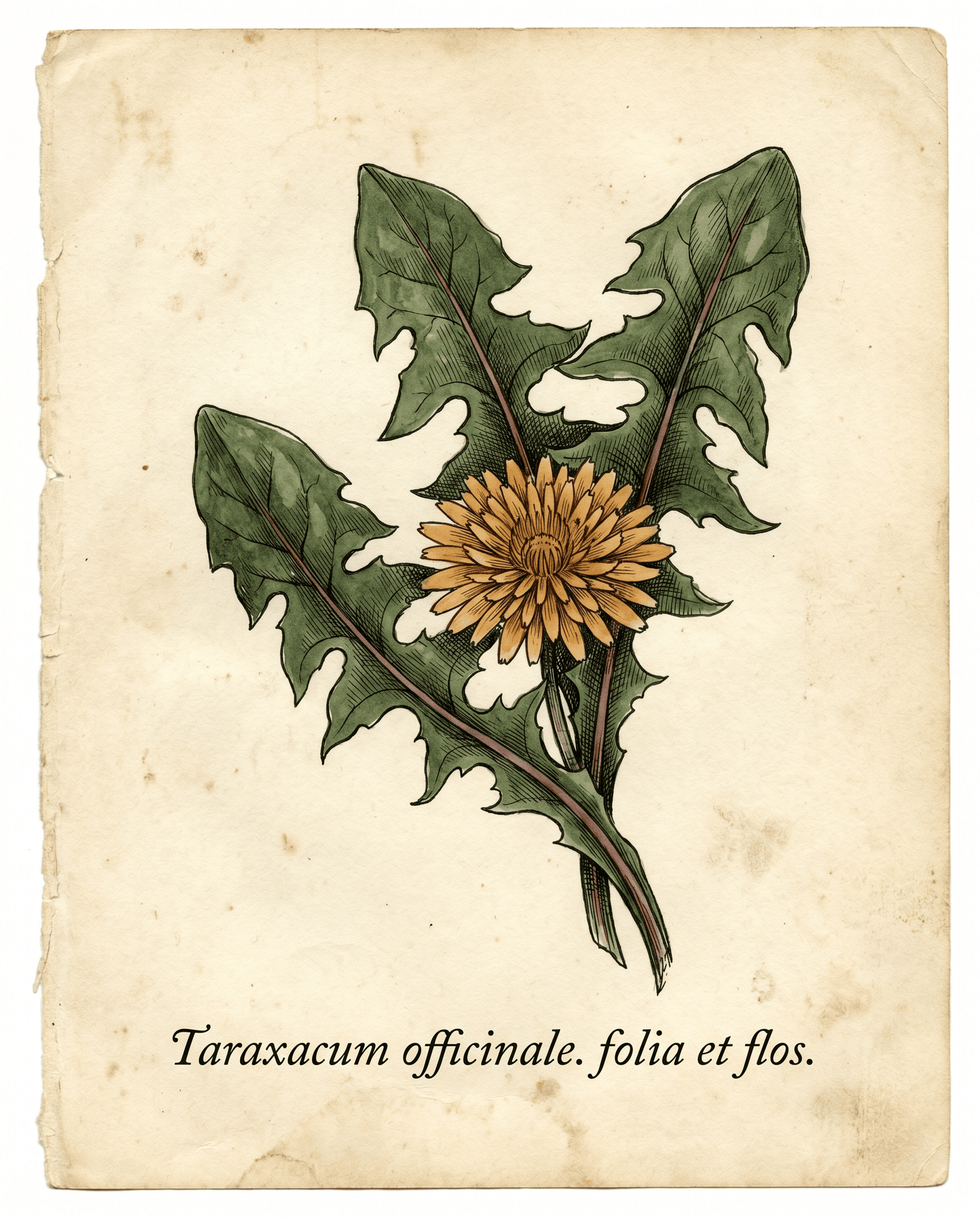 Botanical illustration of dandelion leaves and flower