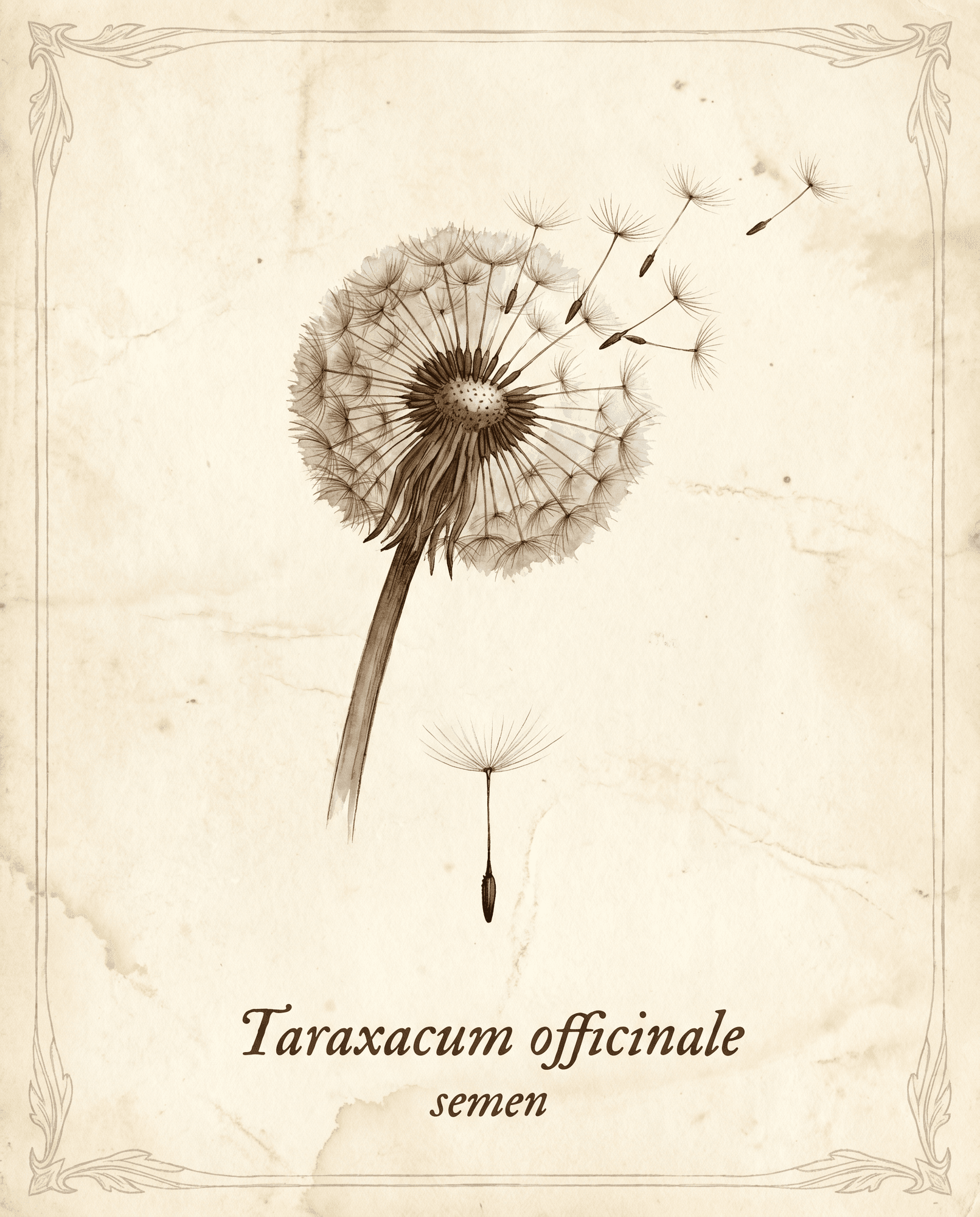 Botanical illustration of dandelion seedhead in dispersal