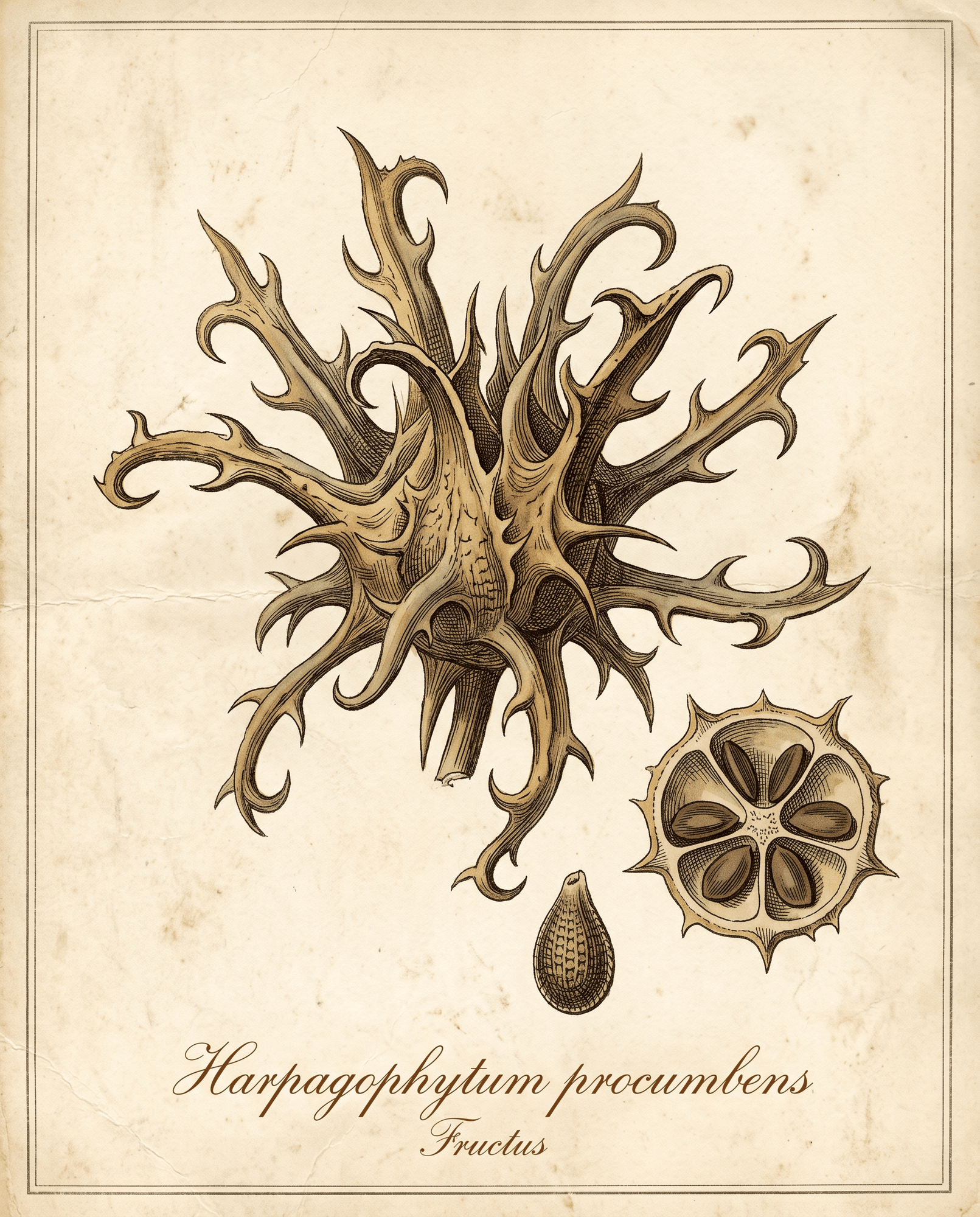 Botanical illustration of the hooked woody fruit of devil's claw