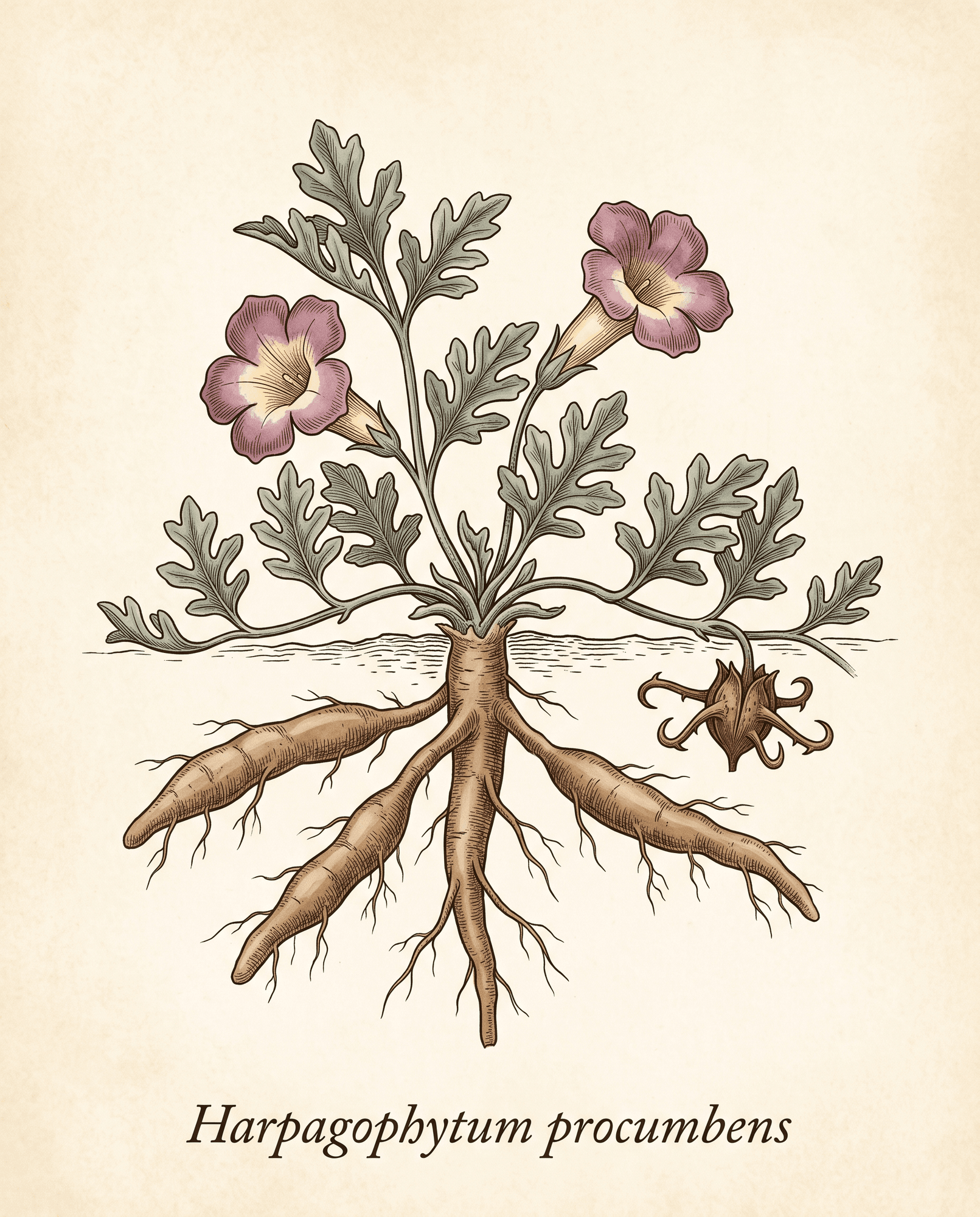 Botanical illustration of devil's claw (Harpagophytum procumbens) showing the sprawling prostrate plant with trumpet flower, hooked fruit, and the tuberous root system below ground