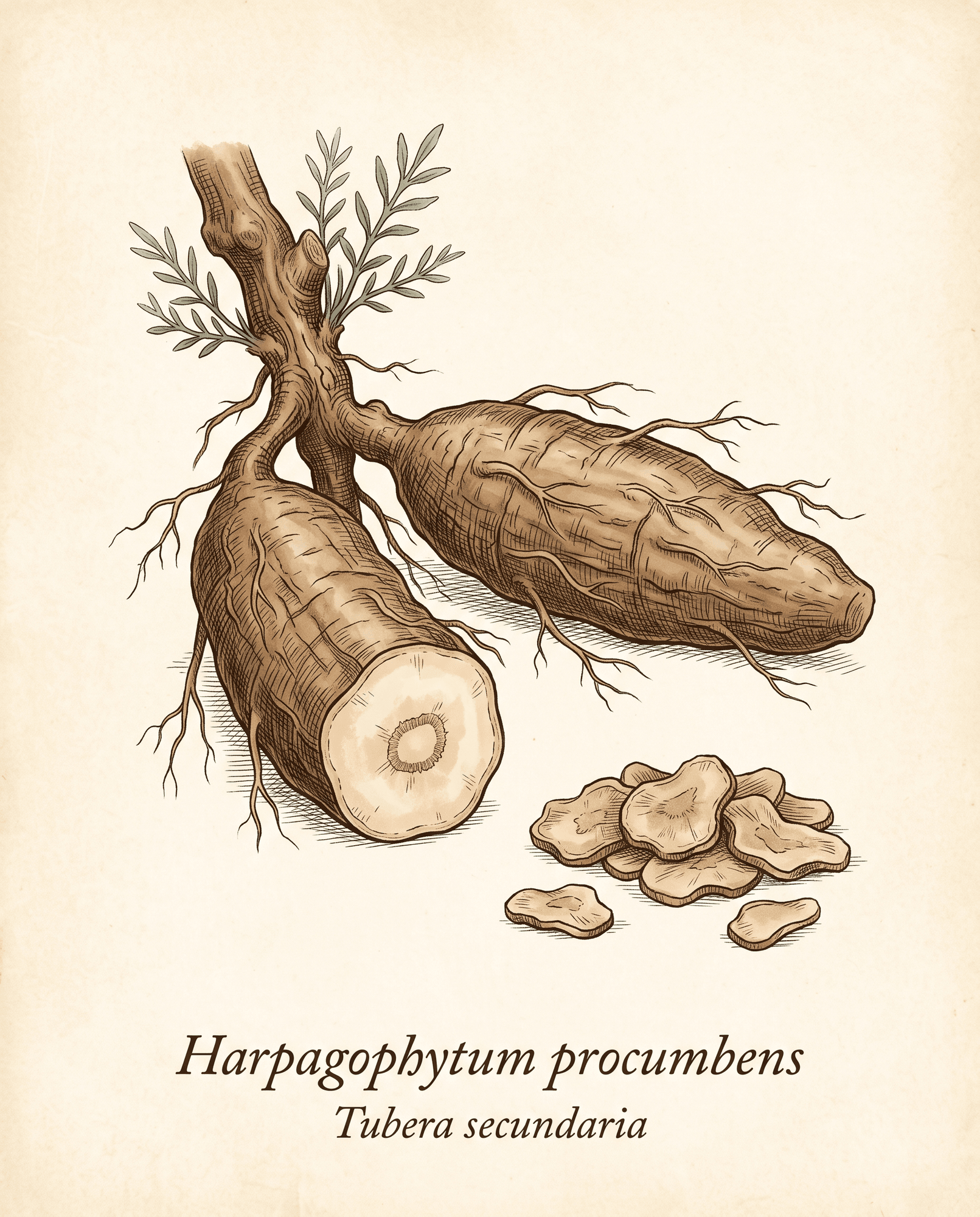 Botanical illustration of devil's claw secondary storage tubers sectioned to show interior