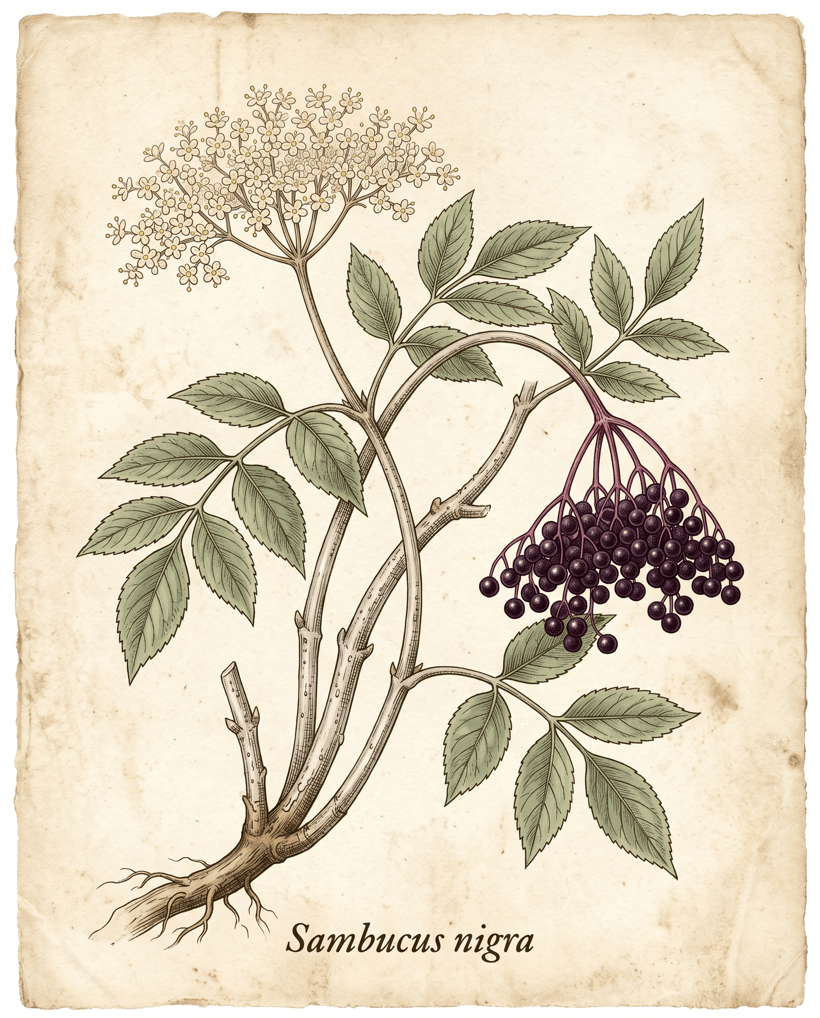 Botanical illustration of elder (Sambucus nigra) showing the arching shrub with pinnate leaves, flat cream flower umbels, and hanging clusters of dark berries