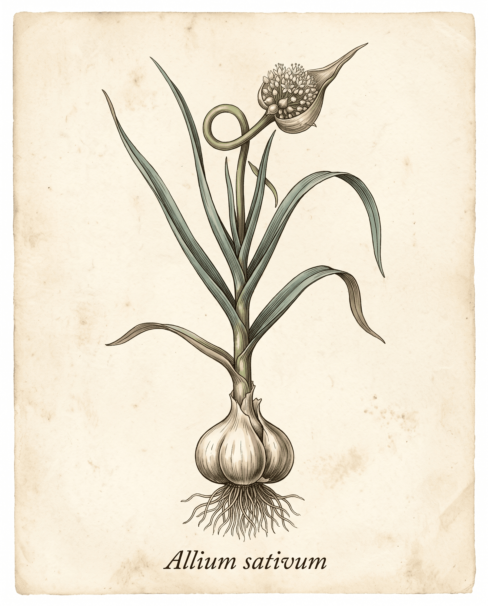 Botanical illustration of garlic (Allium sativum) showing the whole plant with bulb, roots, stem, and flowering scape