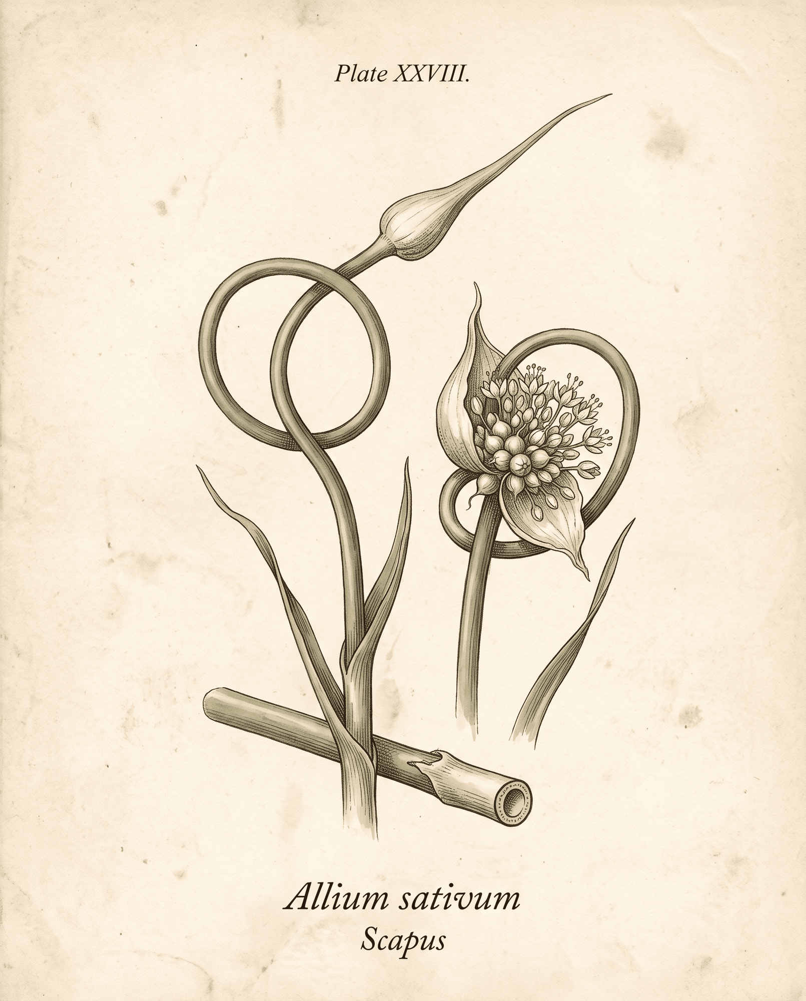 Botanical illustration of a curling green garlic scape with its bud