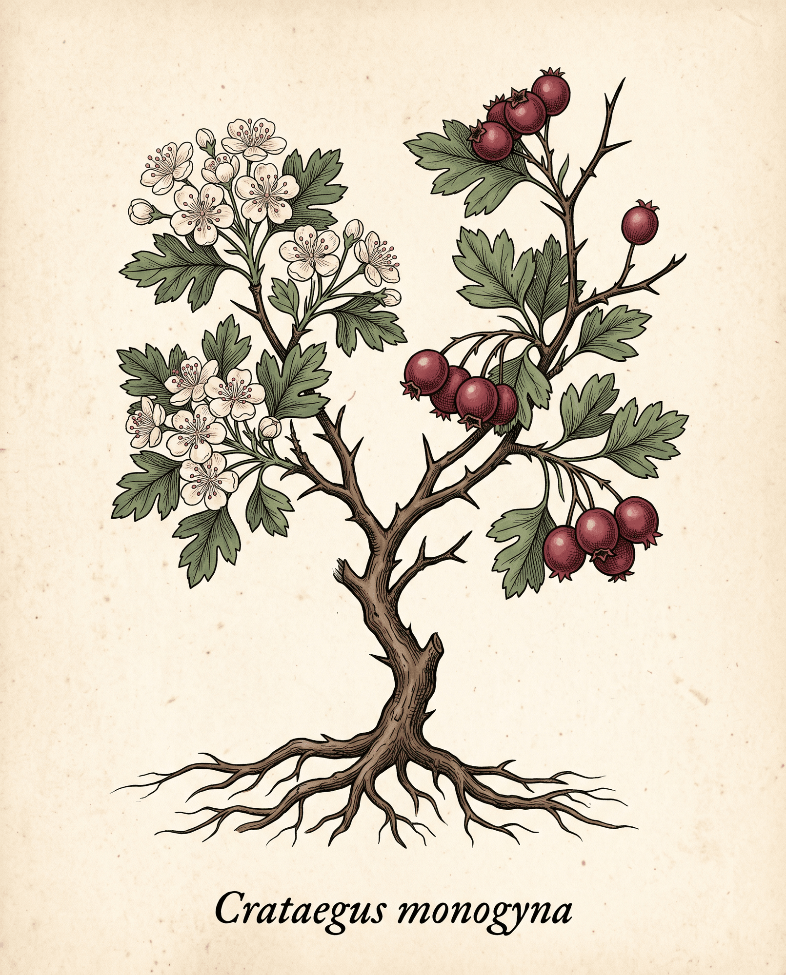 A hawthorn tree in white spring blossom, thorned branches against an open sky