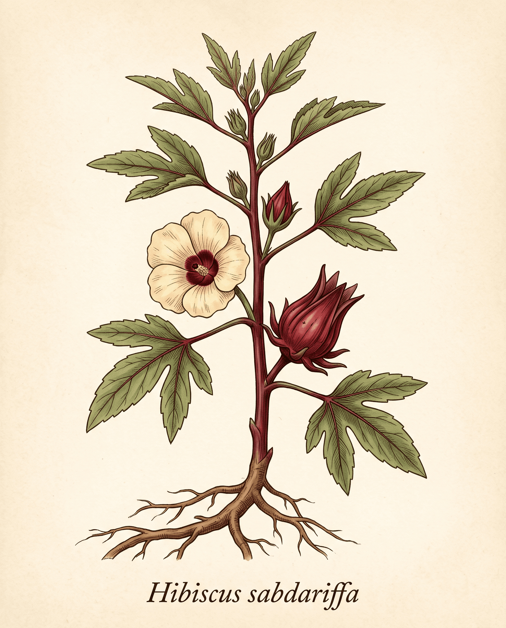 Botanical illustration of roselle hibiscus (Hibiscus sabdariffa) showing the whole plant with stem, lobed leaves, flower, and swollen red calyx