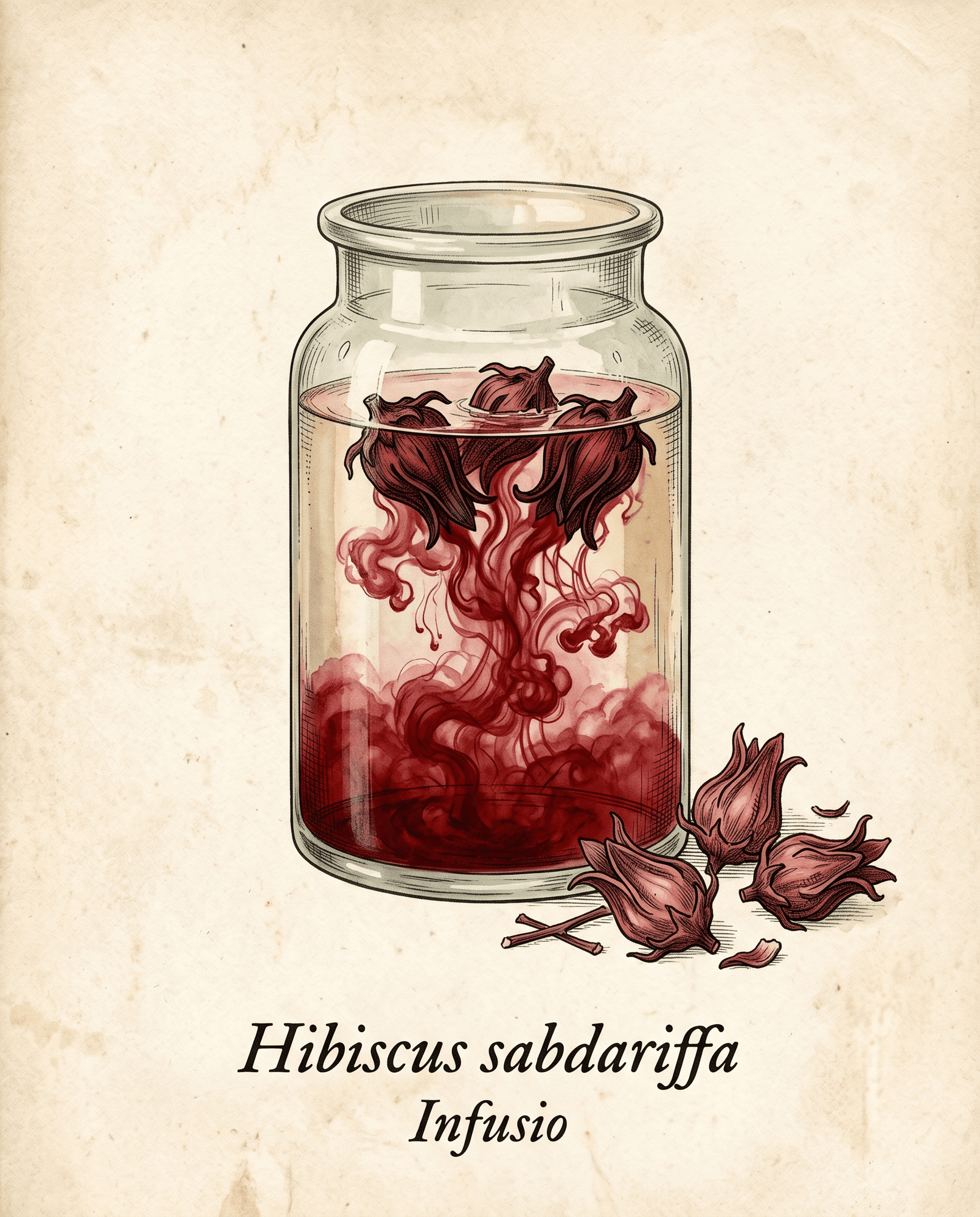 Botanical illustration of dried hibiscus calyces steeping and staining water deep crimson