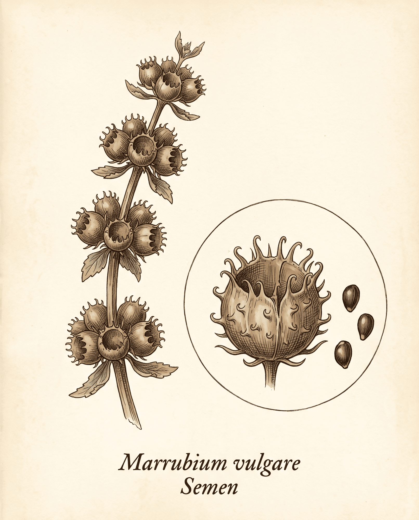 Botanical illustration of horehound seed calyx showing the ten hooked teeth that hold the seeds