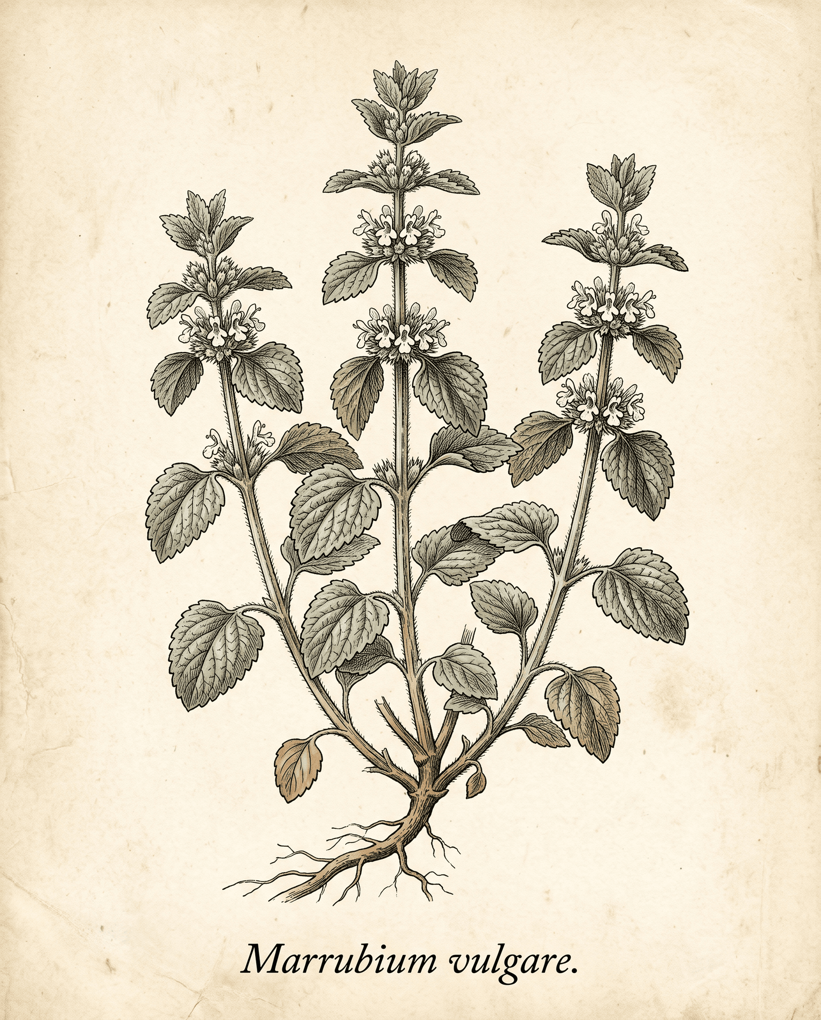 Botanical illustration of white horehound (Marrubium vulgare) showing the whole plant with woolly stems, crinkled leaves, and whorled white flowers