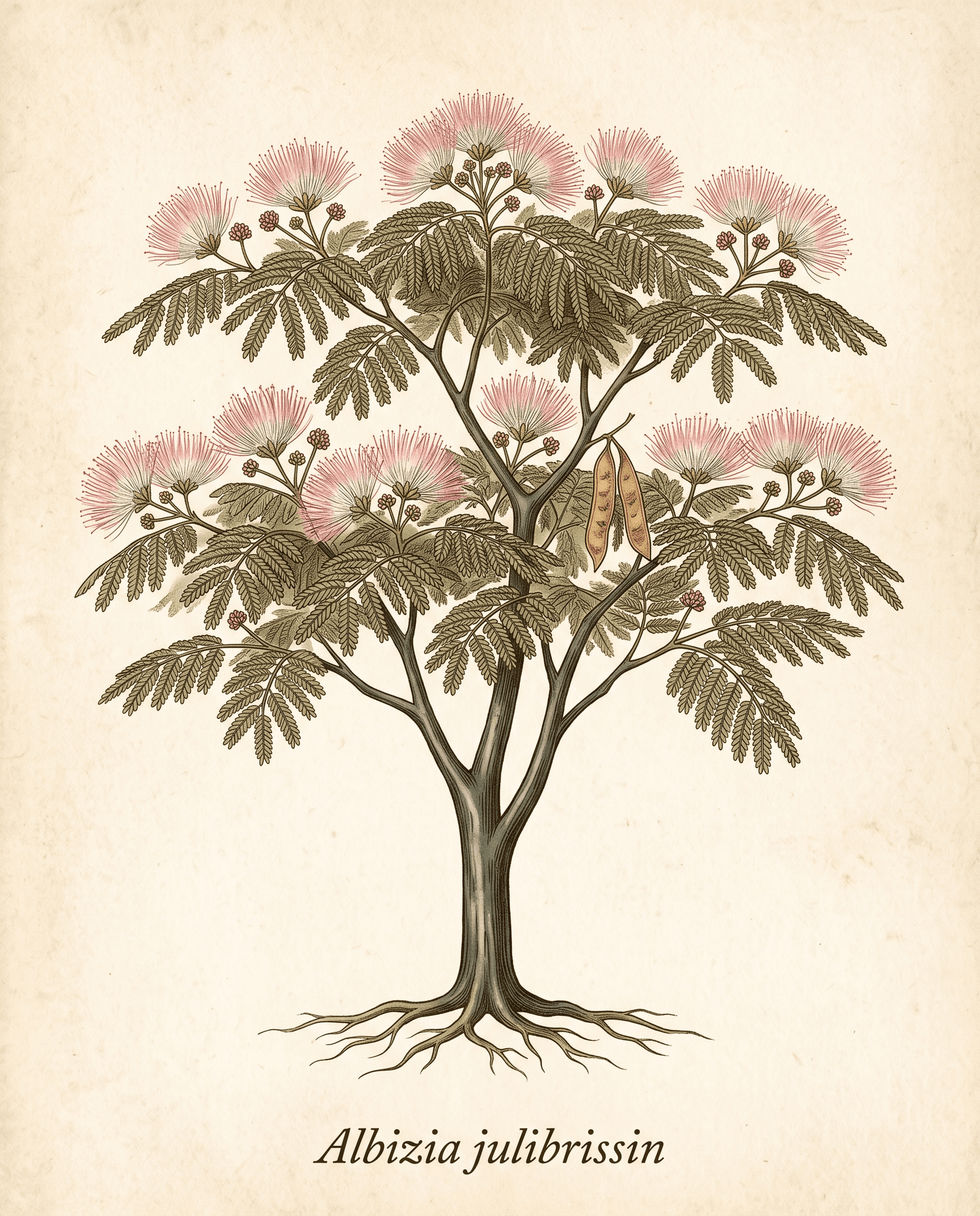 Botanical illustration of mimosa (Albizia julibrissin) showing the whole tree with spreading crown, fern-like bipinnate leaves, and pink silk flowers