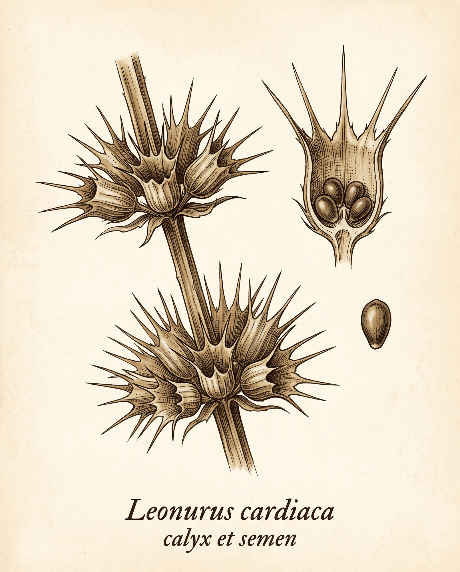 Botanical illustration of motherwort's spined calyx holding the ripening seed