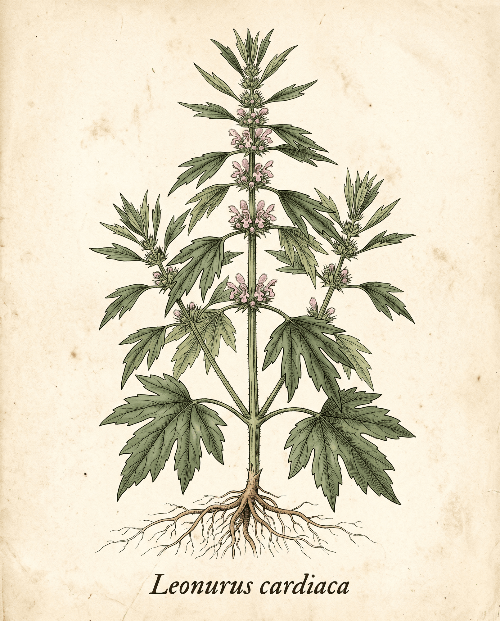 Botanical illustration of motherwort (Leonurus cardiaca) showing the whole plant with square stem, lobed leaves, and whorls of pink flowers