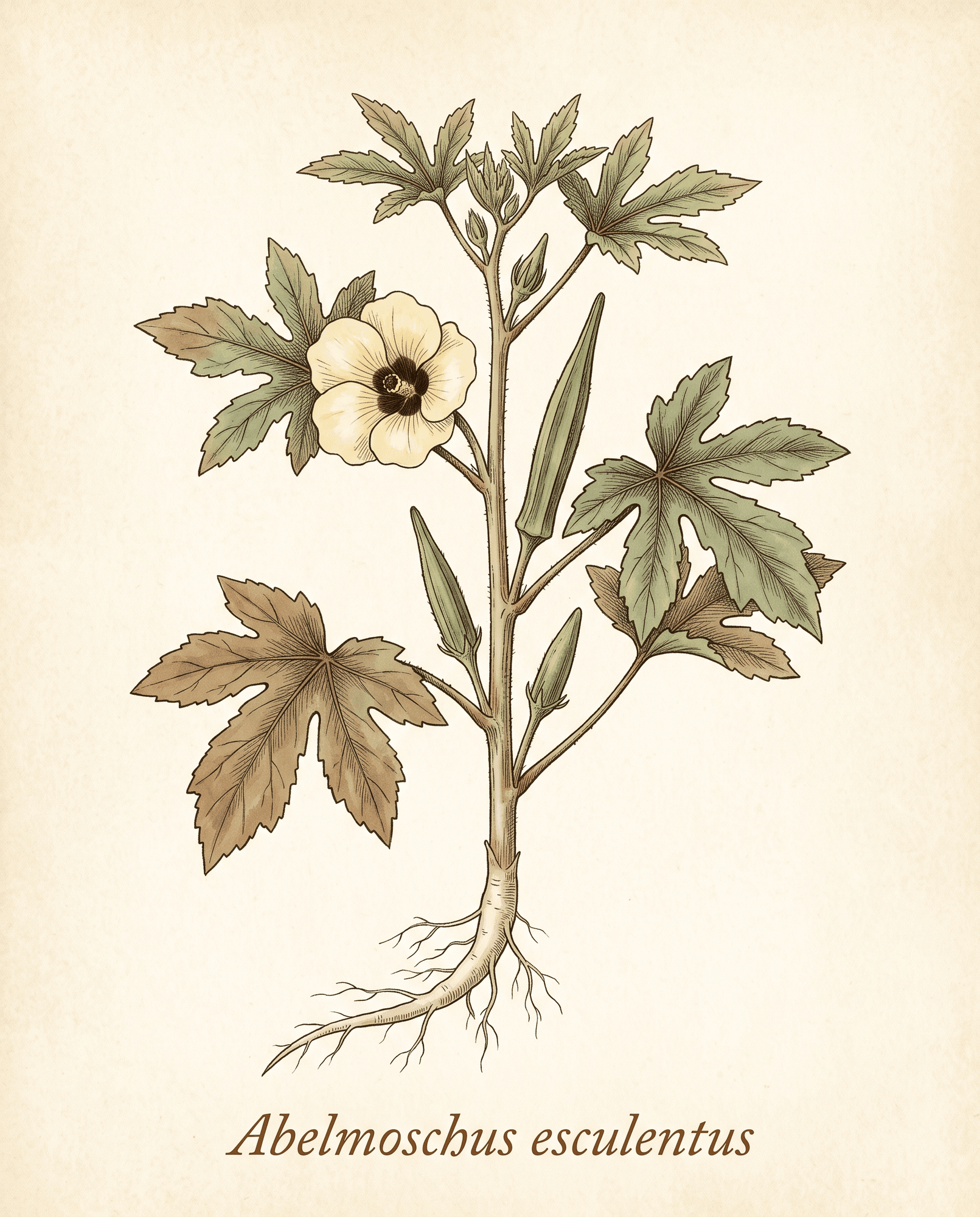 Botanical illustration of okra (Abelmoschus esculentus) showing the whole plant with taproot, lobed leaves, pale yellow flower with a maroon heart, and upright ridged pods