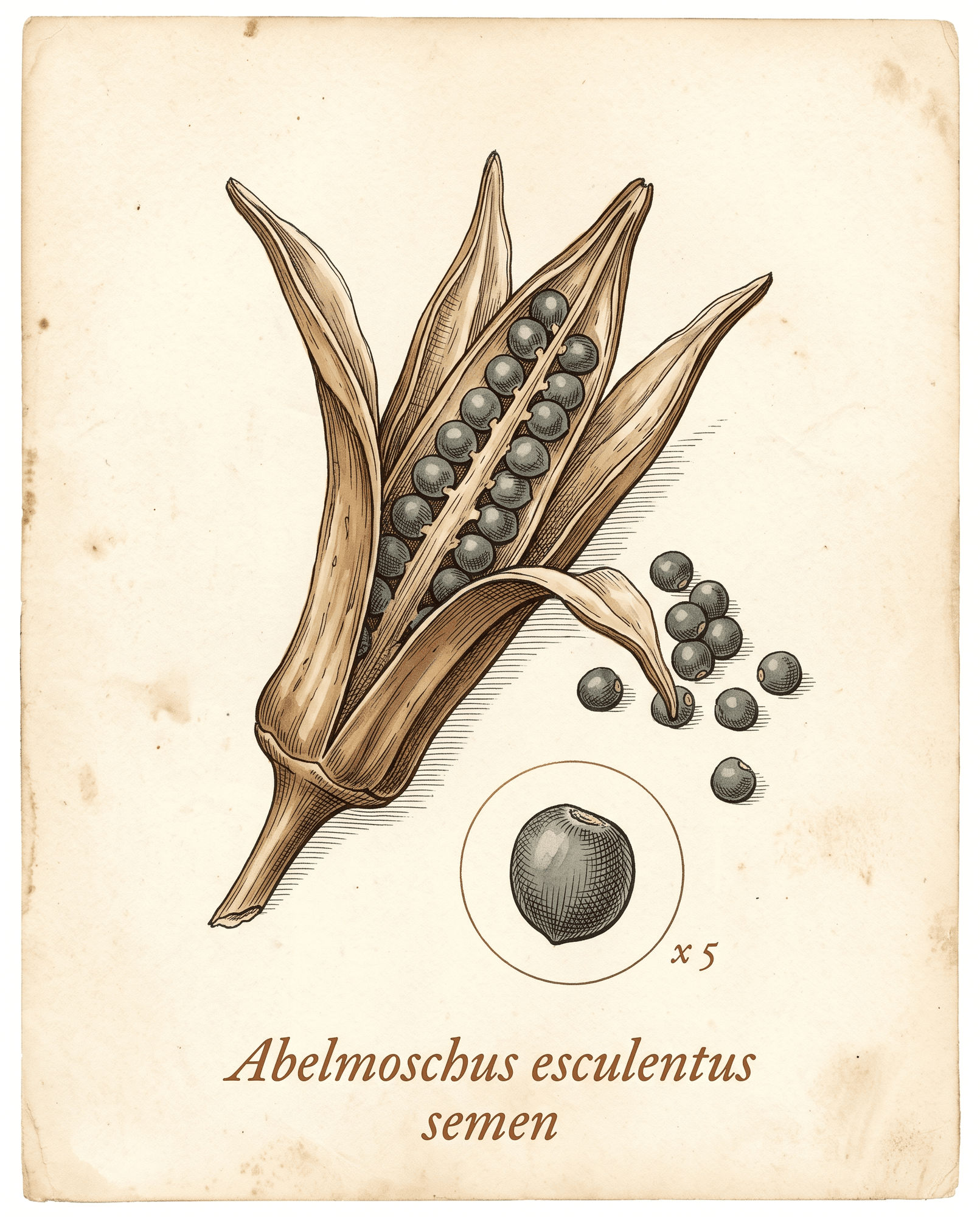 Botanical illustration of a dried okra pod split open along its seams with dark seeds spilling out