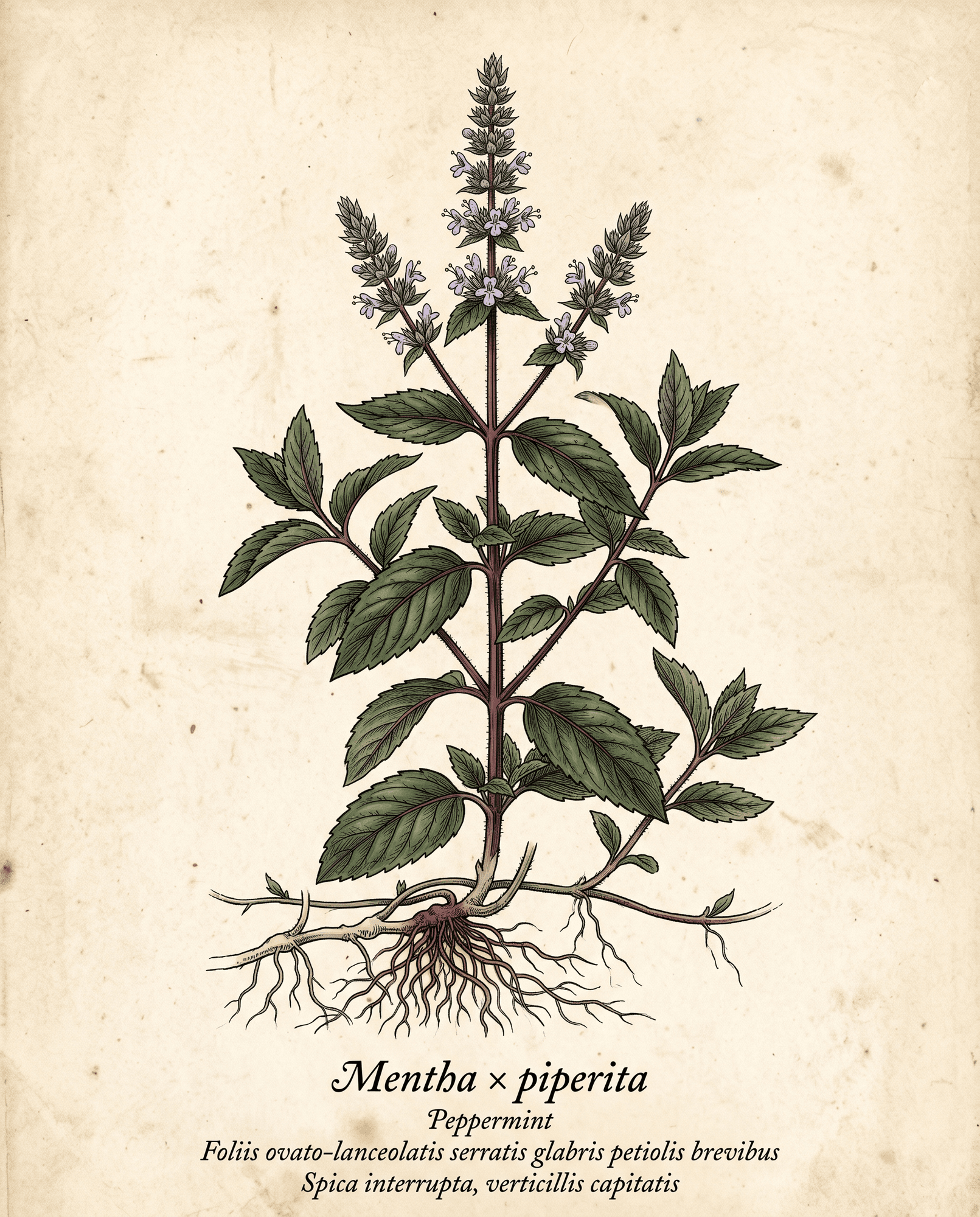 Botanical illustration of peppermint (Mentha × piperita) showing the whole plant with roots, runners, purple-tinged stems, serrated leaves, and violet flower spikes