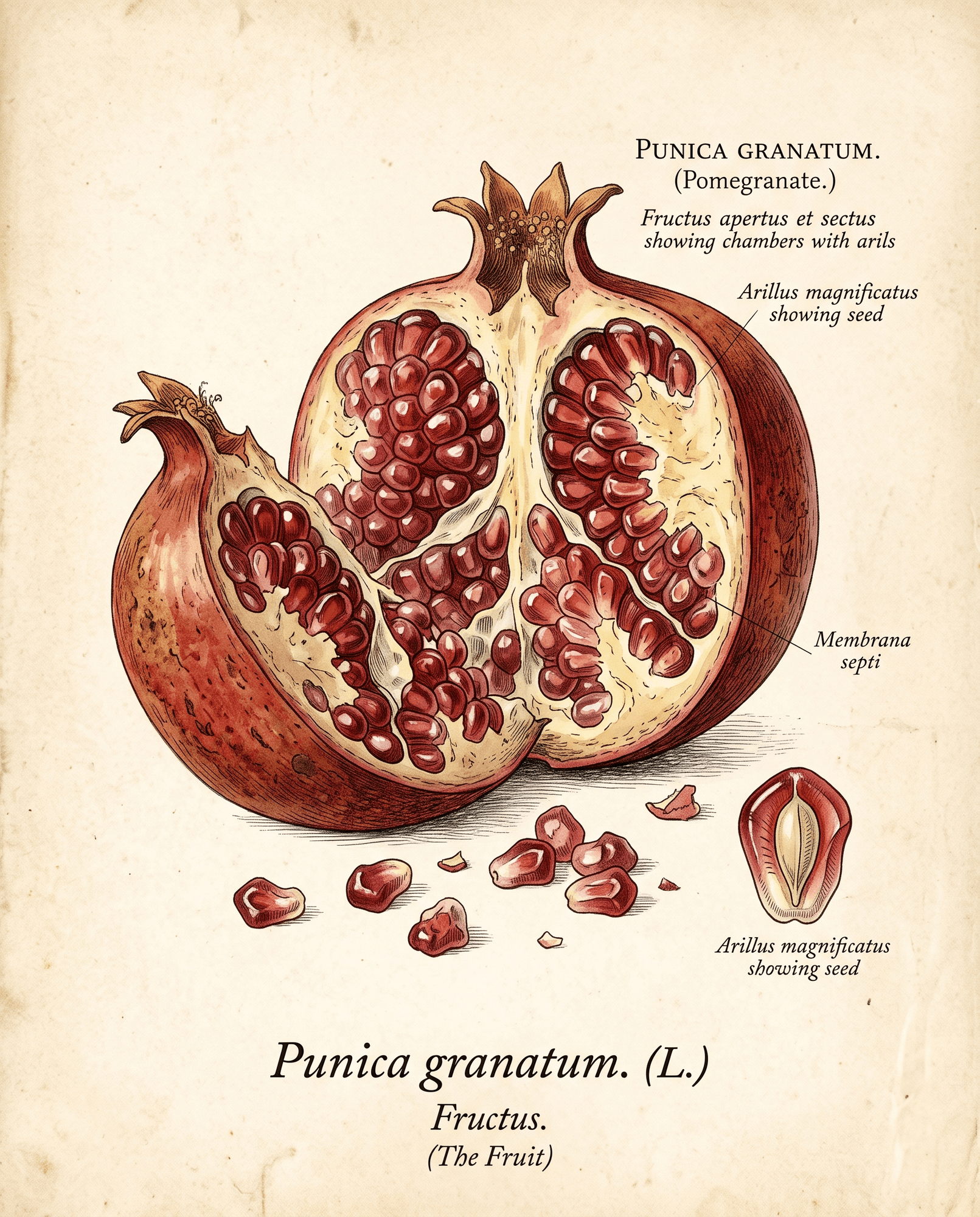 Botanical illustration of a pomegranate fruit broken open to show chambers of garnet arils separated by pale membrane