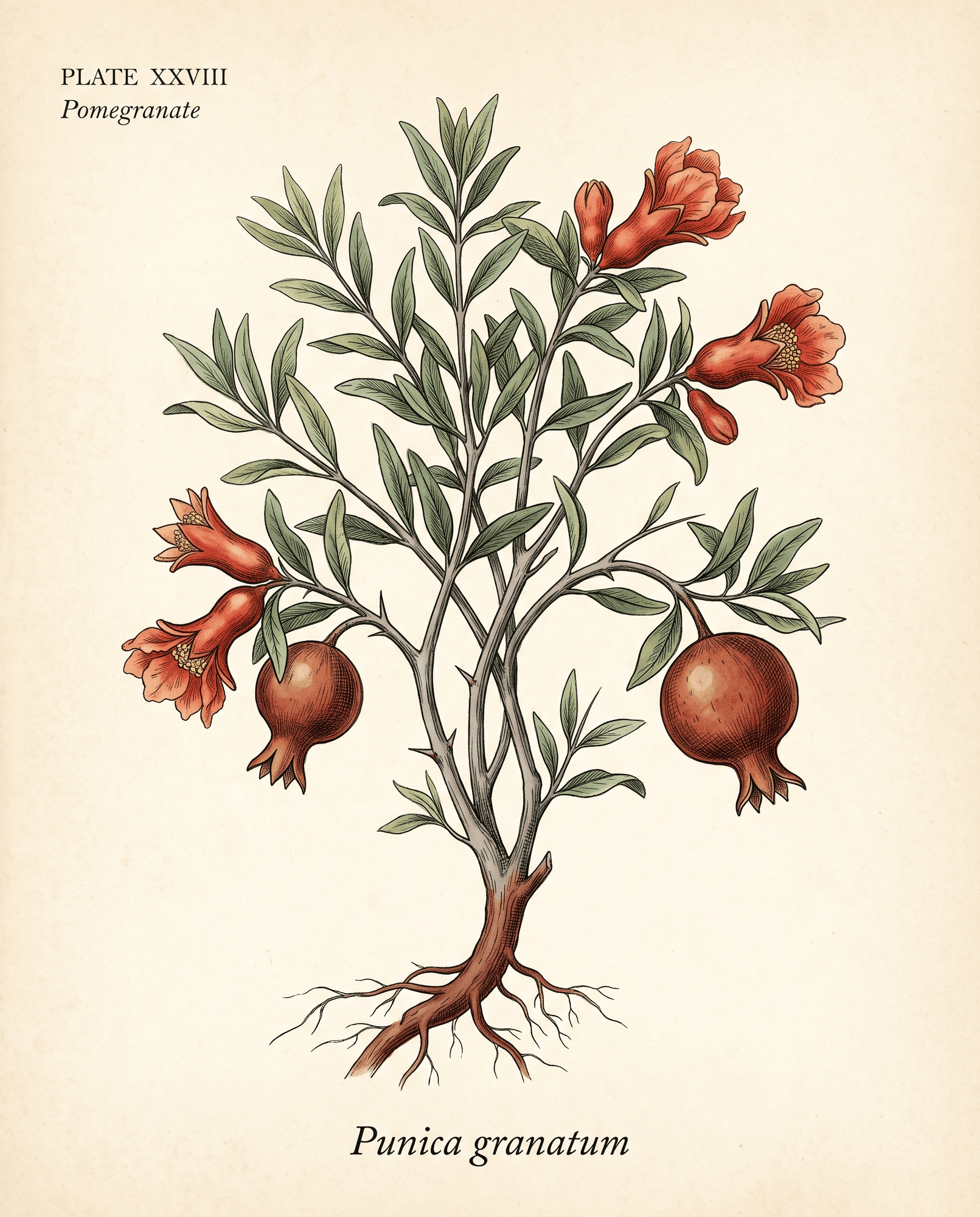 Botanical illustration of pomegranate (Punica granatum) showing the whole plant with root, branching stems, narrow glossy leaves, scarlet flowers, and ripening crowned fruit