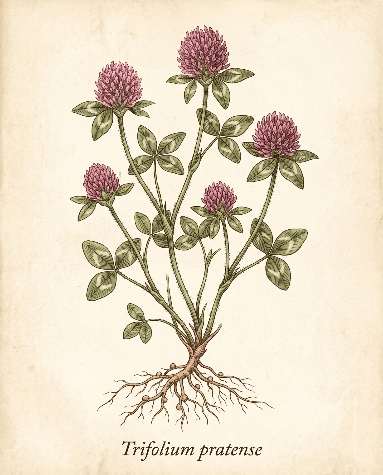 Botanical illustration of red clover (Trifolium pratense) showing the whole plant with roots, trifoliate leaves, and rose-pink flower heads