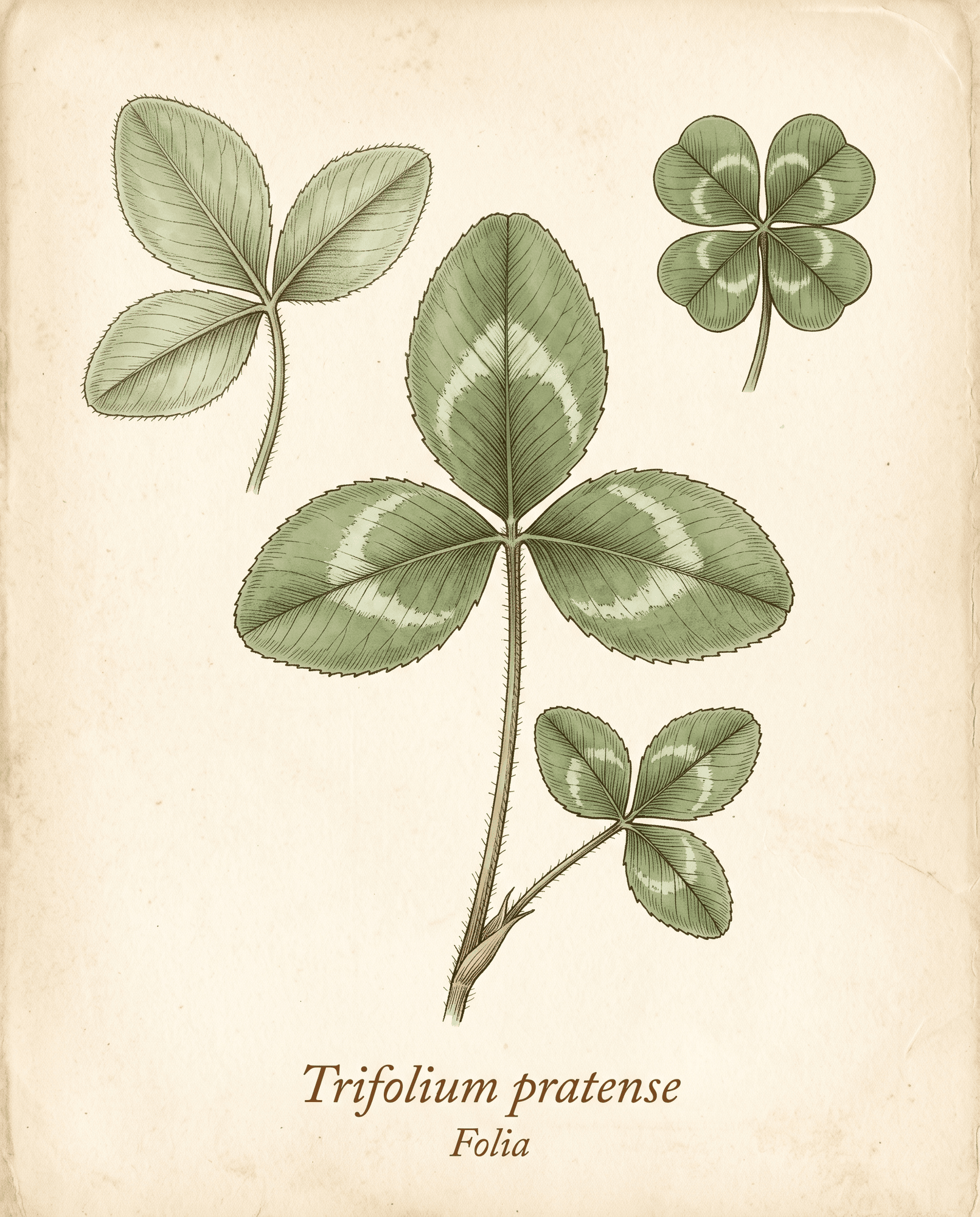 Botanical illustration of the three-part trifoliate leaf of red clover with its pale crescent marking
