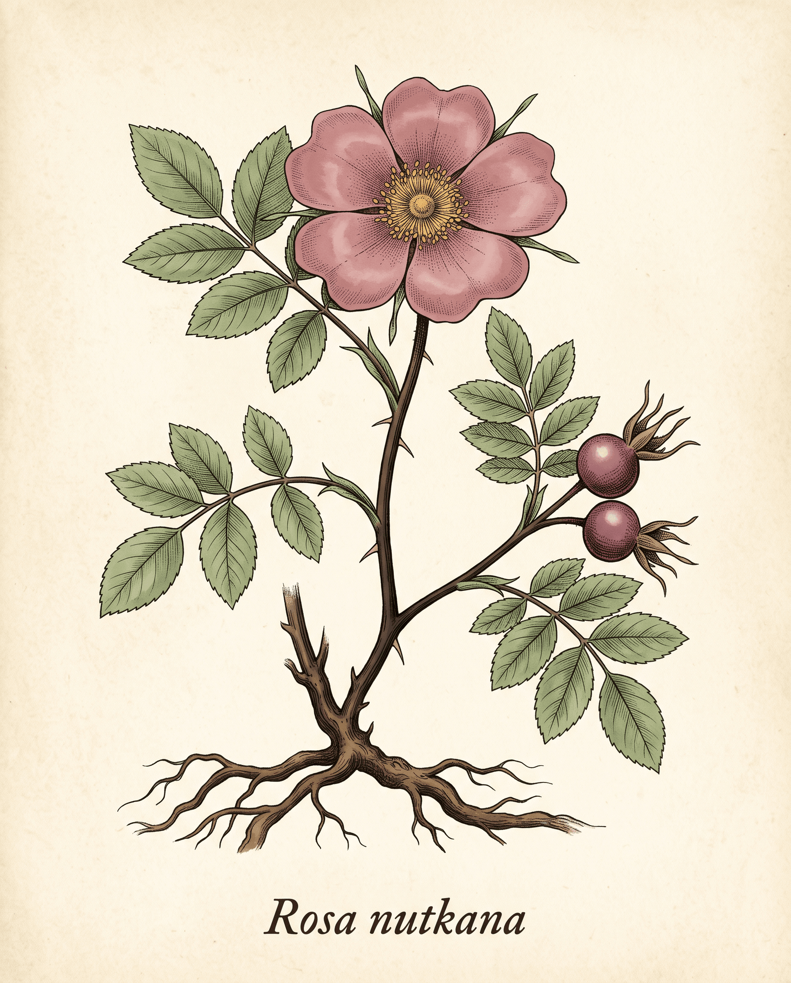 Botanical illustration of Nootka rose (Rosa nutkana) showing the whole plant with thicket-forming stems, paired prickles, compound leaves, five-petaled pink flower, and purplish-red hips