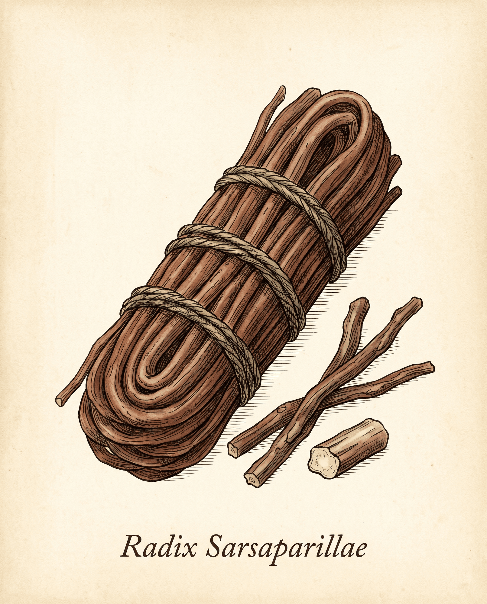 Botanical illustration of dried sarsaparilla root bound into a cylindrical trade bundle with fiber cord