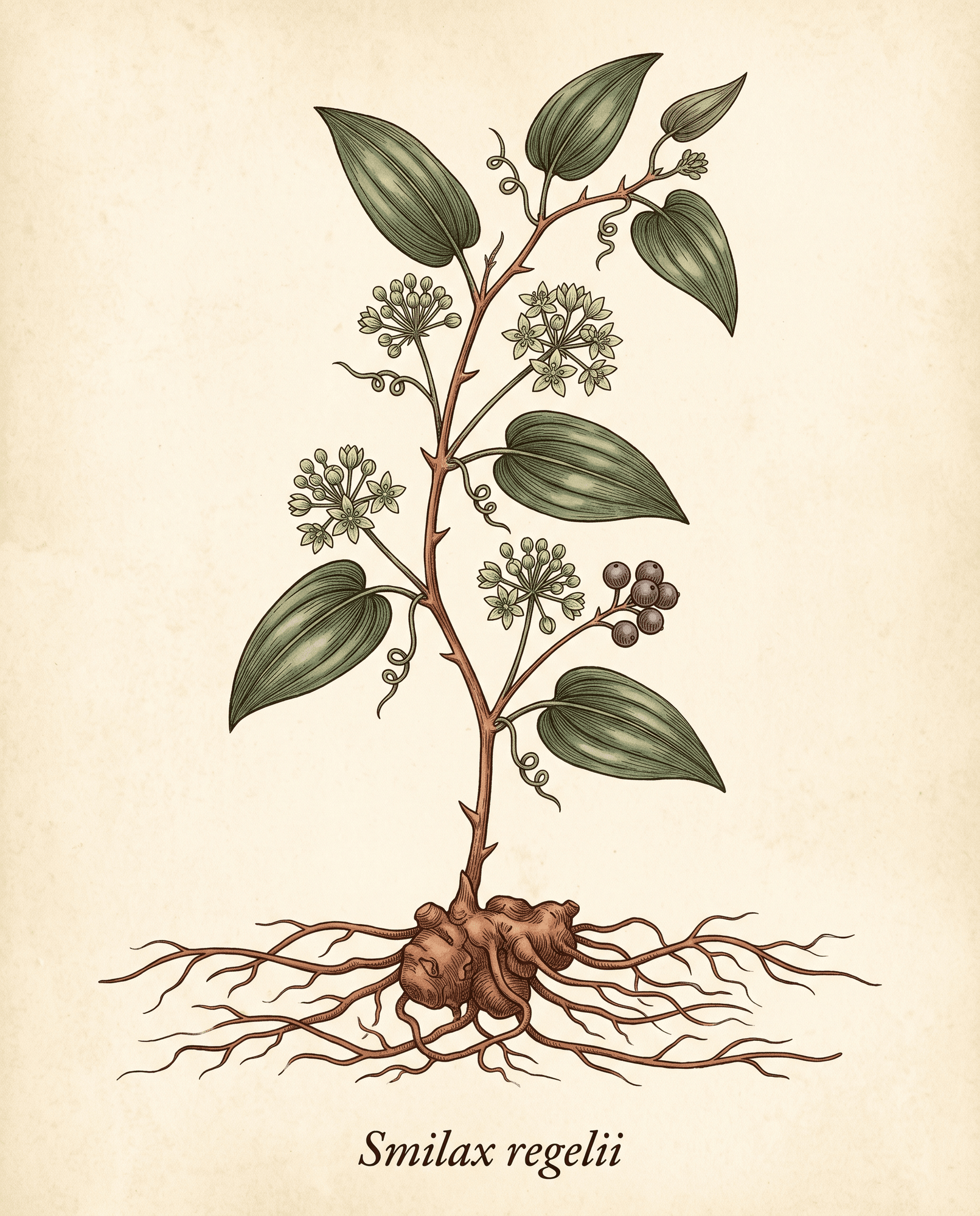 Botanical illustration of sarsaparilla (Smilax regelii) showing the whole plant with rhizome, running roots, thorned climbing stem, glossy heart-shaped leaves, flower umbel, and dark berries