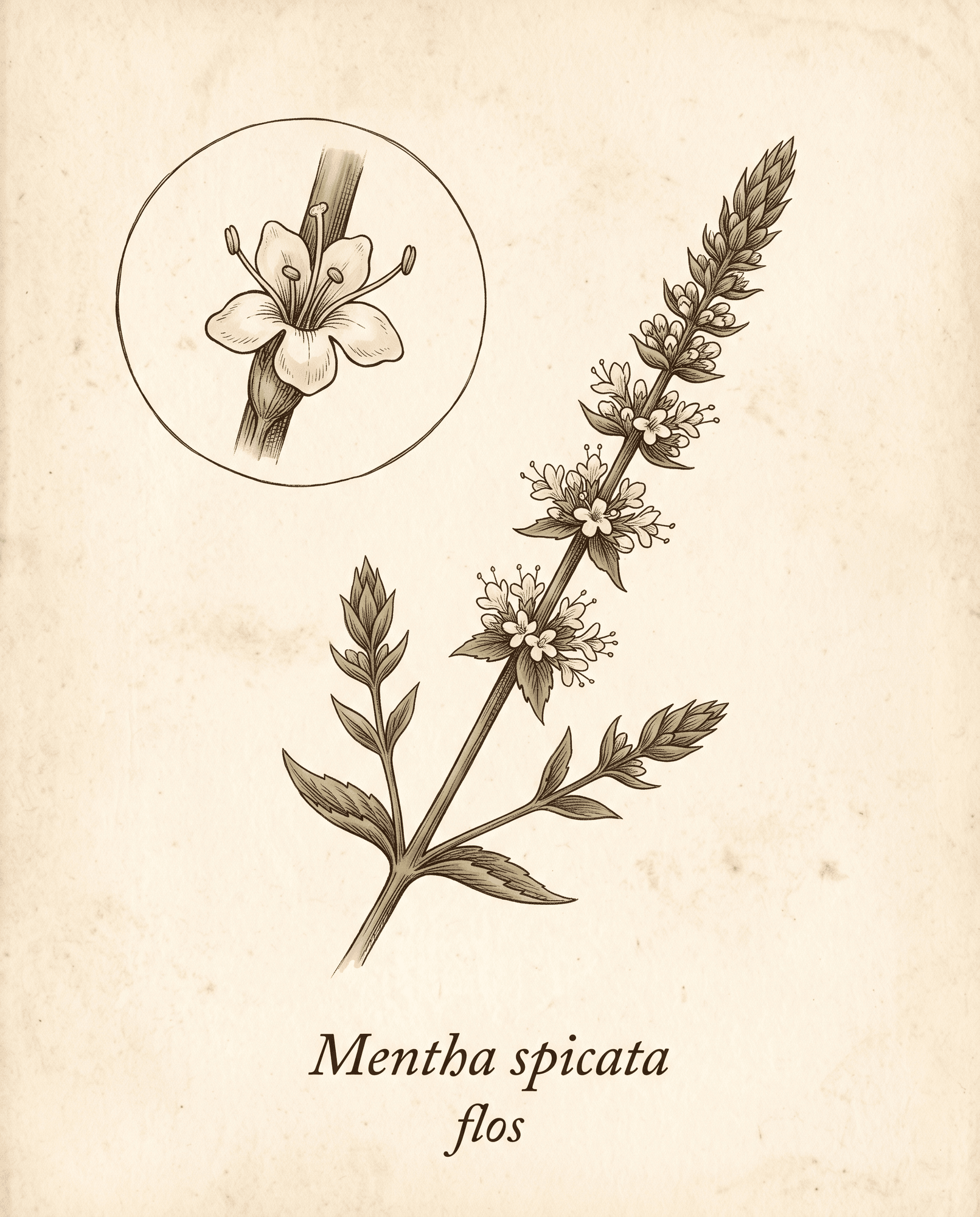 Botanical illustration of a spearmint flowering spike with a magnified inset of a single small flower
