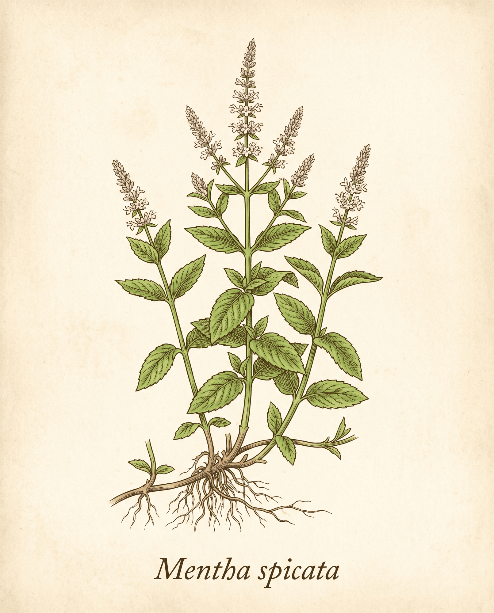 Botanical illustration of spearmint (Mentha spicata) showing the whole plant with roots, runners, bright green sessile leaves, and tapering flower spikes