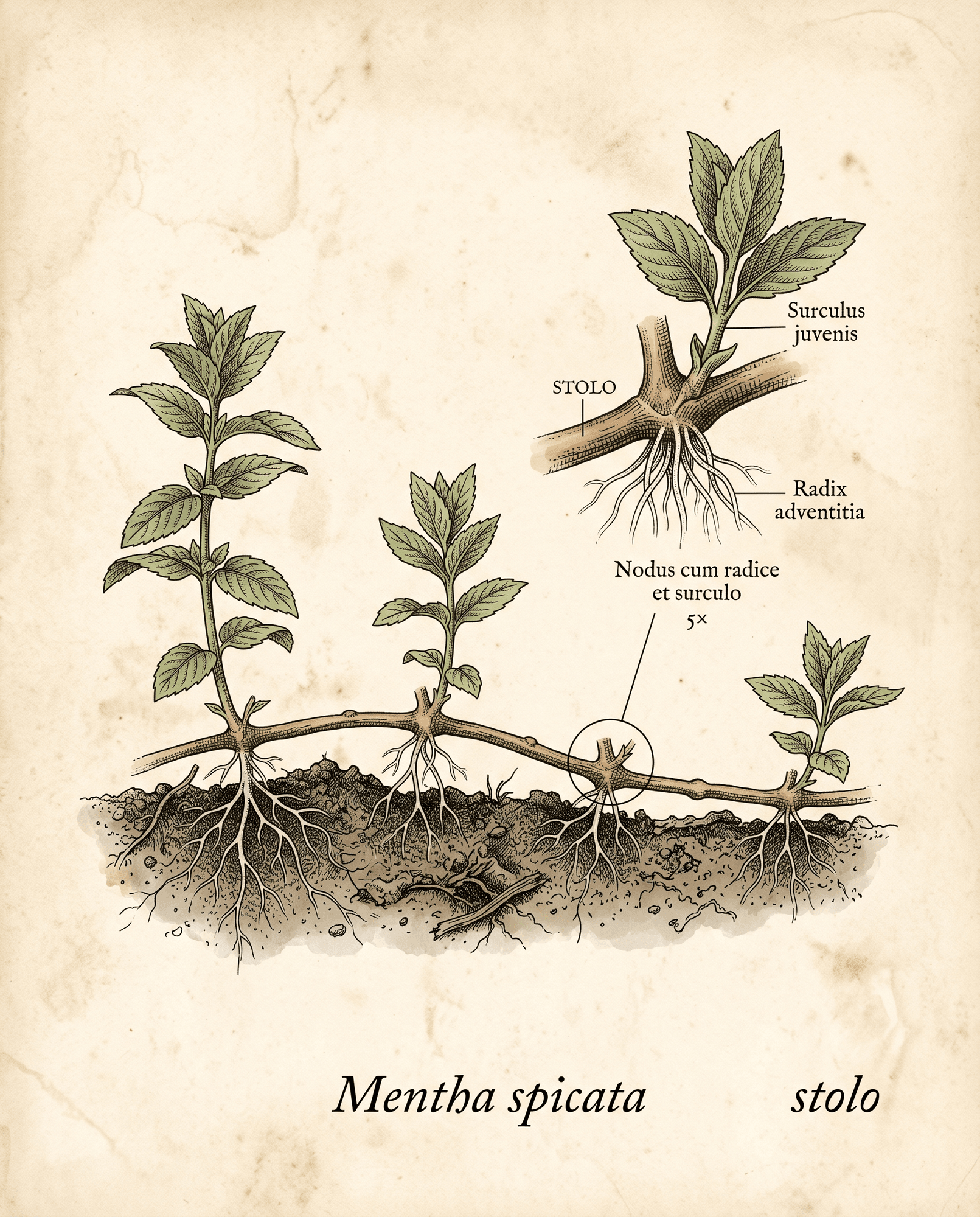 Botanical illustration of a spearmint runner traveling the soil line and rooting at each node