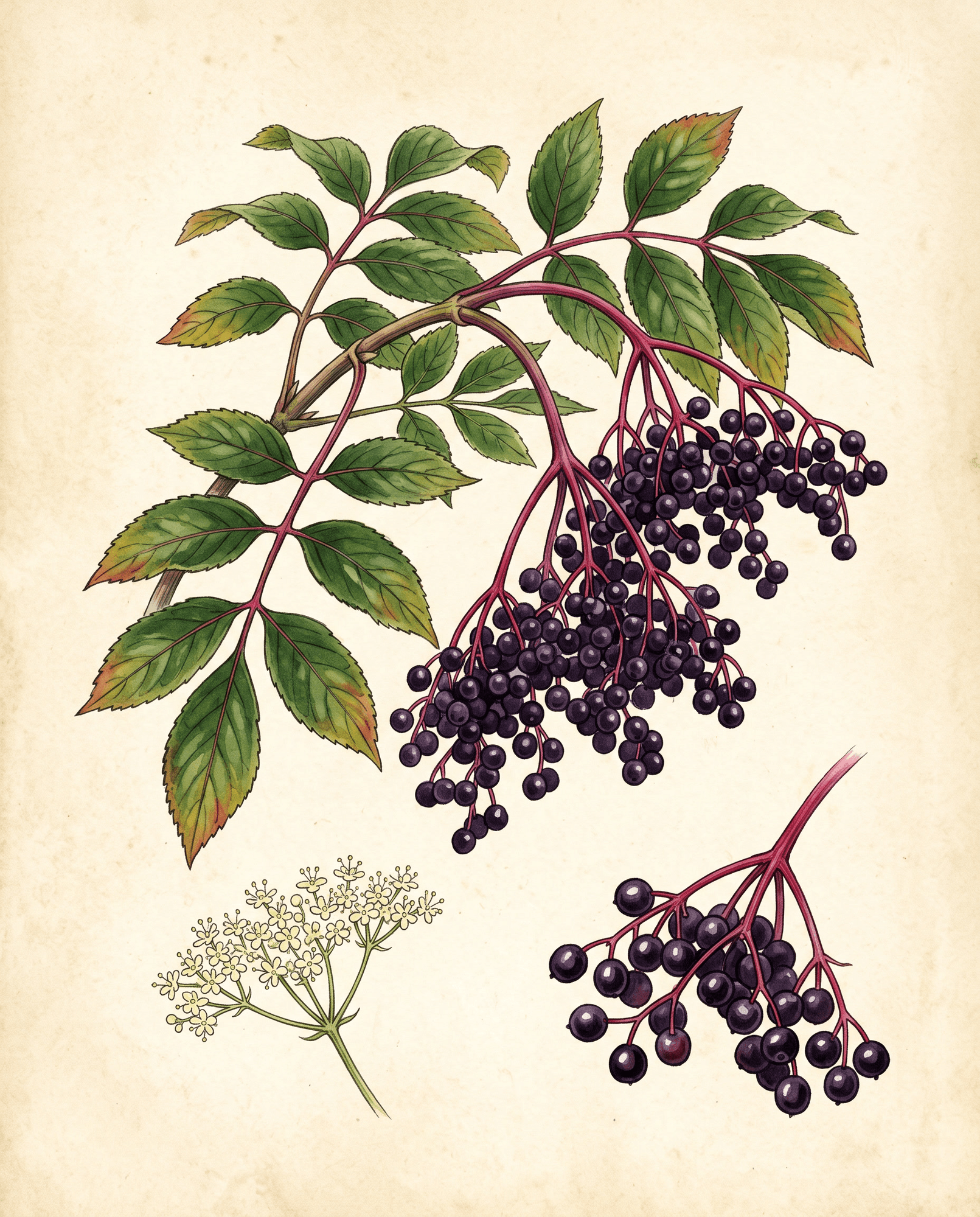 Elder, Sambucus nigra, botanical plate