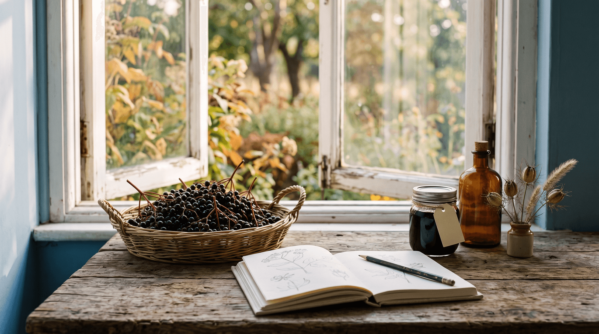 September harvest table with elderberries