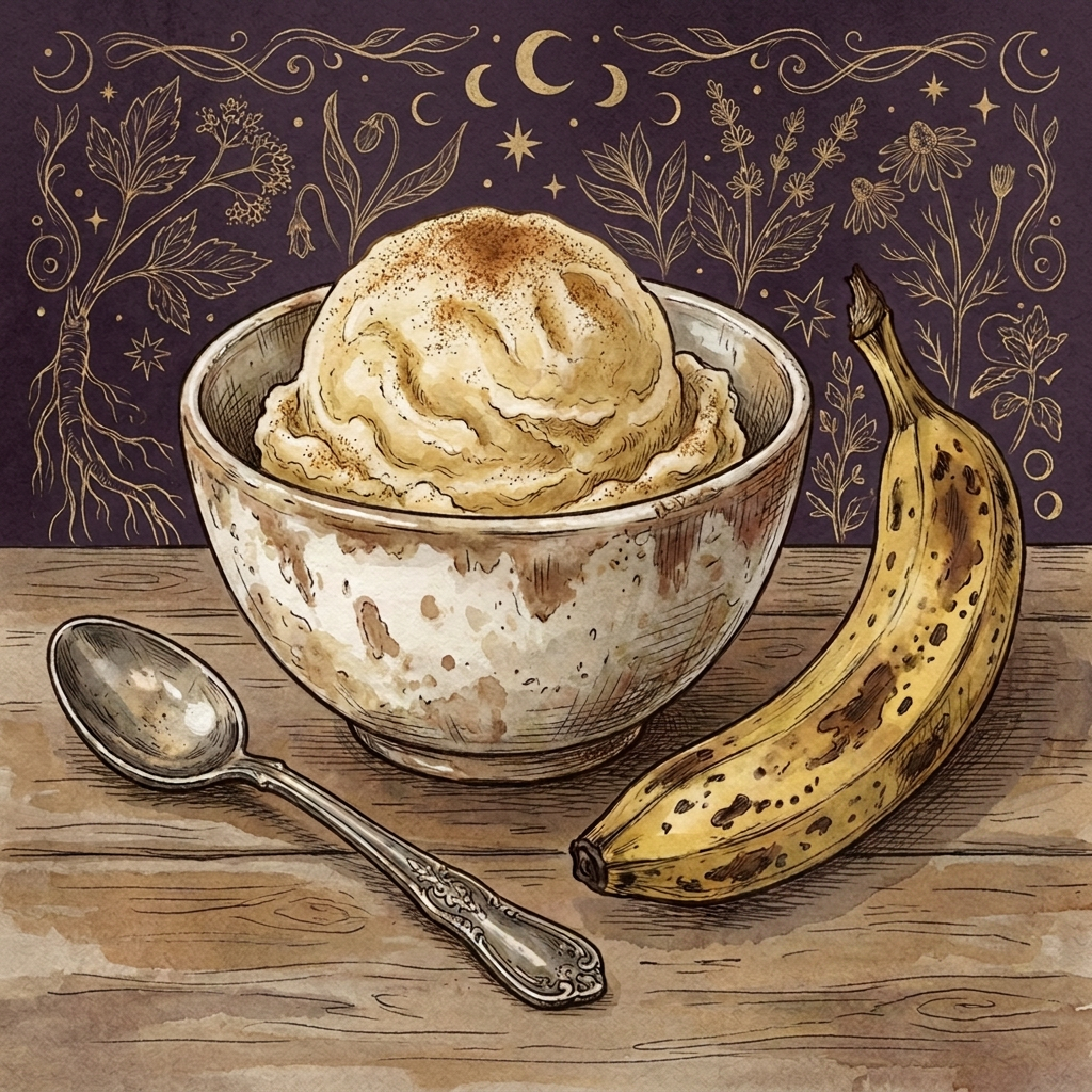 Editorial botanical illustration of a ceramic bowl of pale golden banana ice cream dusted with cinnamon, a spotted ripe banana and vintage spoon beside it, gold botanical linework on deep violet