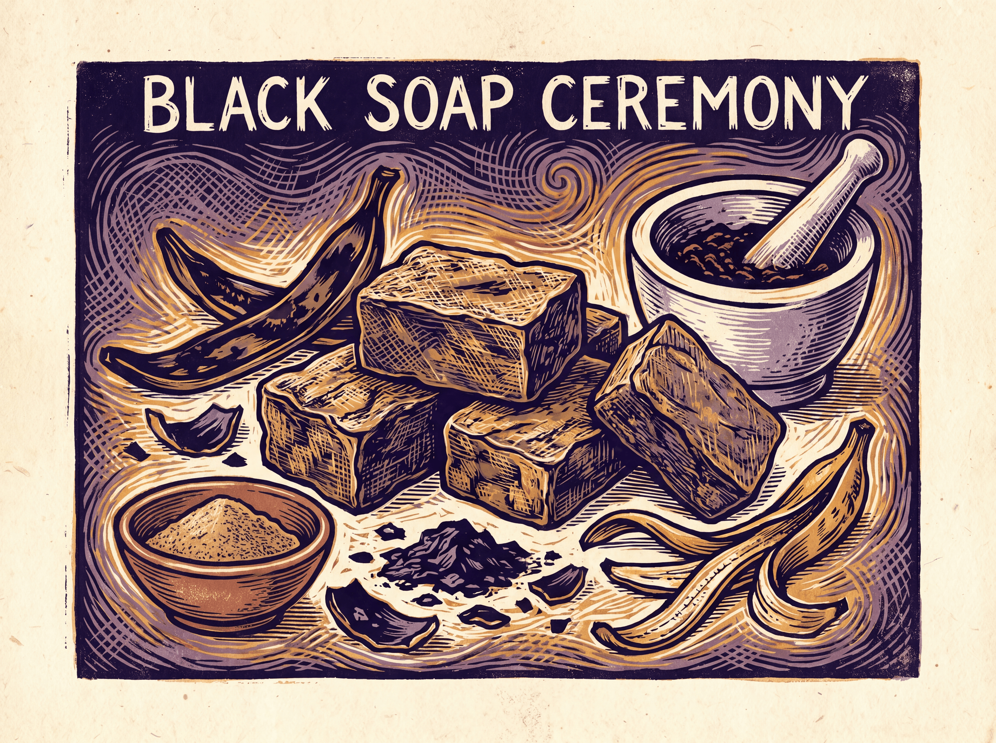 Woodcut-style editorial illustration of handmade African black soap bars with plantain ash, dried banana peel strips, and fine powder in a clay bowl