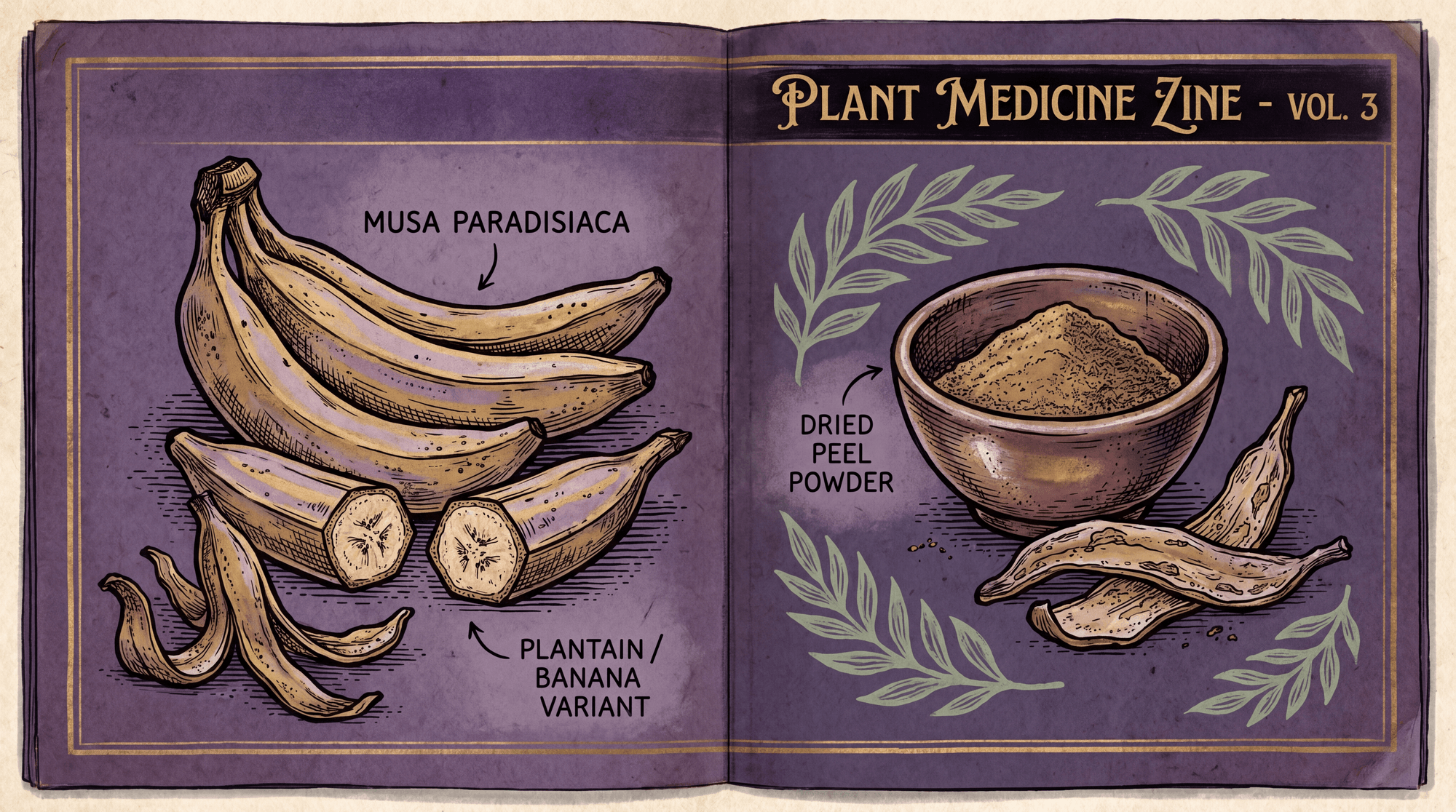 Editorial botanical illustration of plantain and banana — cross-sections, dried peel, and ground powder in a ceramic bowl
